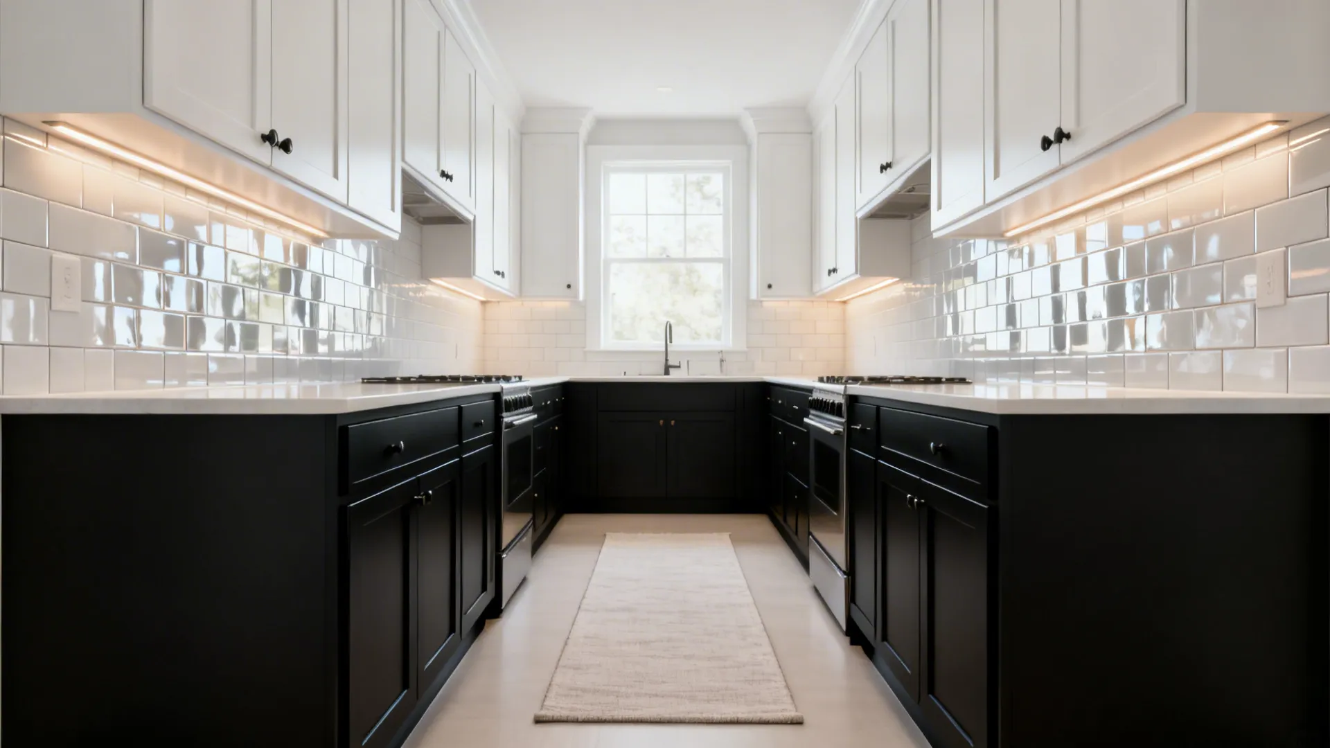 Narrow galley with black base cabinets and white uppers reflecting light and feeling airy.