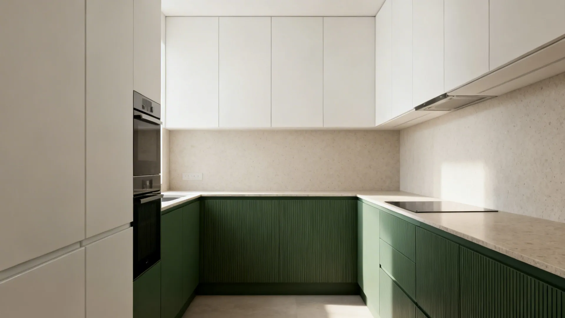Two-tone cabinets to zone sightlines and add rhythm