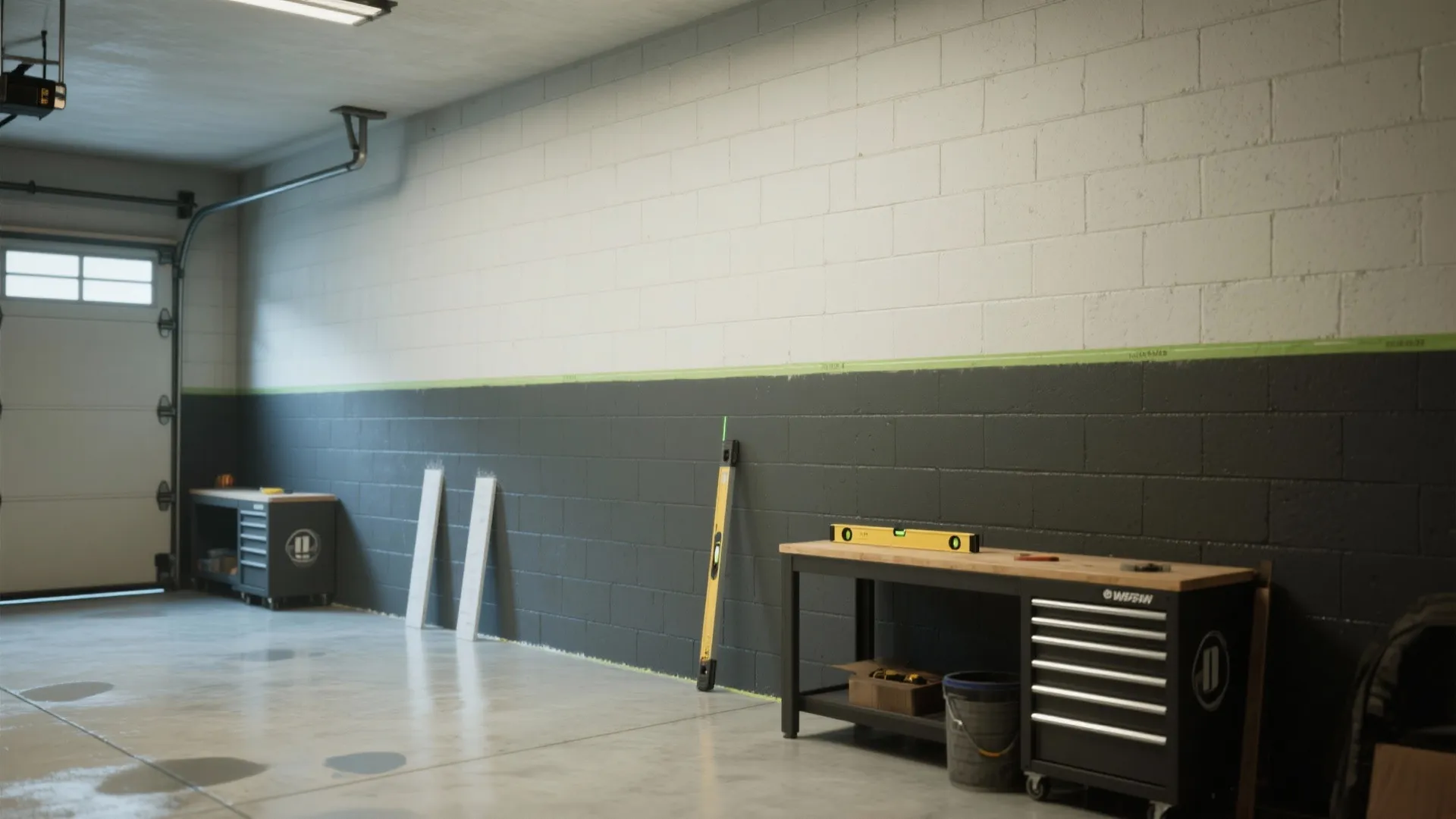 Garage wall with a crisp two-tone finish: dark durable lower third and light upper walls, tape and laser level visible.