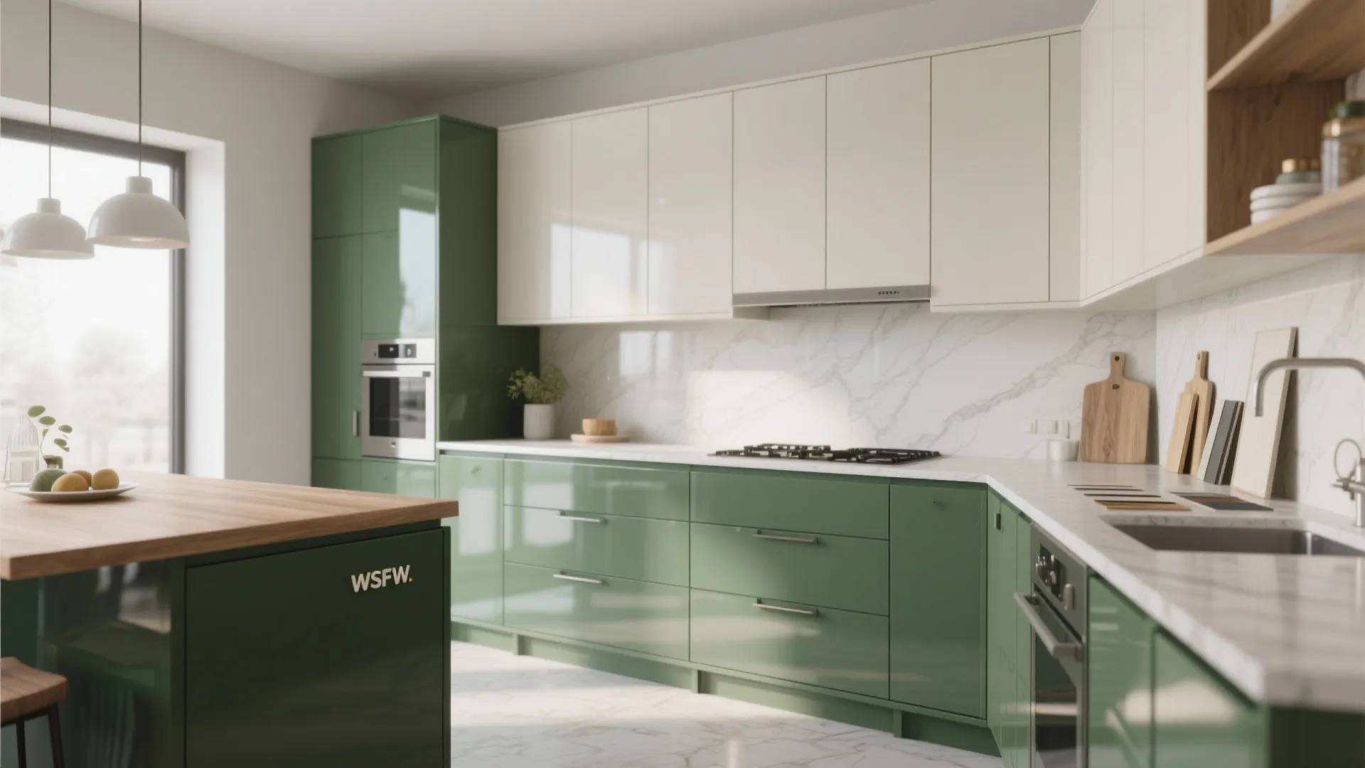 Modern kitchen with green bottom cabinets and white top cabinets plus marble wall and floor
