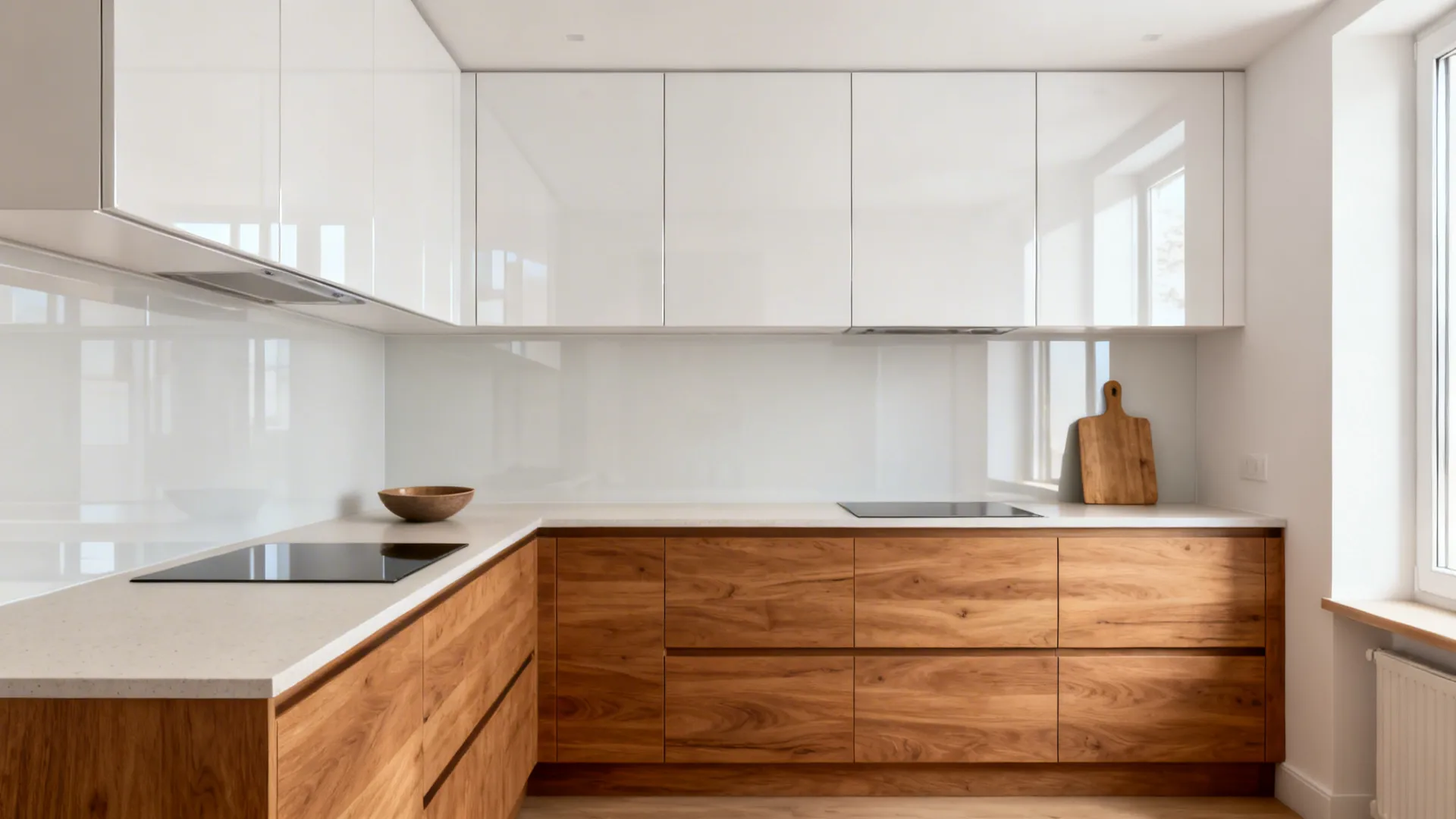 Two-tone kitchen with glossy white uppers and warm wood-look base cabinets in soft daylight.
