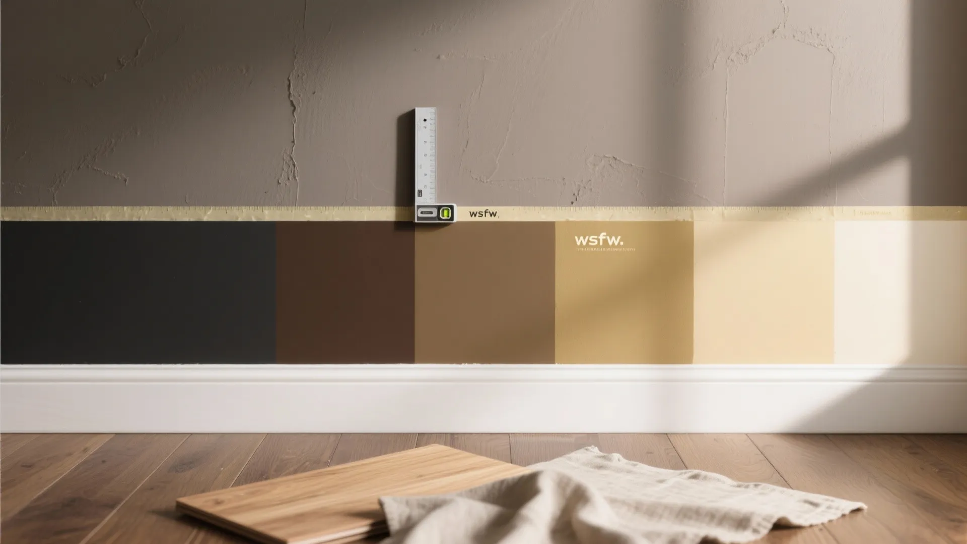 Neutral paint color samples on a grey wall with wood flooring and white wall panel
