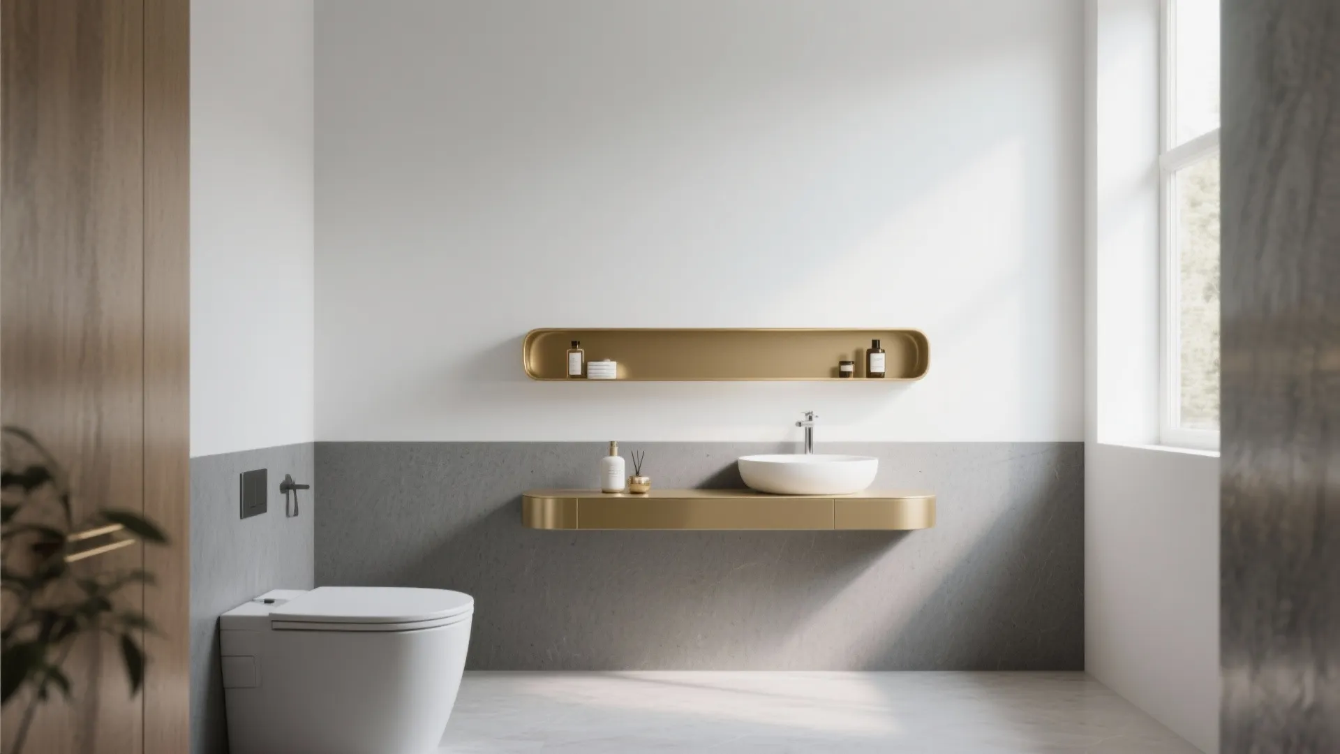 Modern bathroom with white walls, grey wall panel, gold shelf, white sink, and natural light