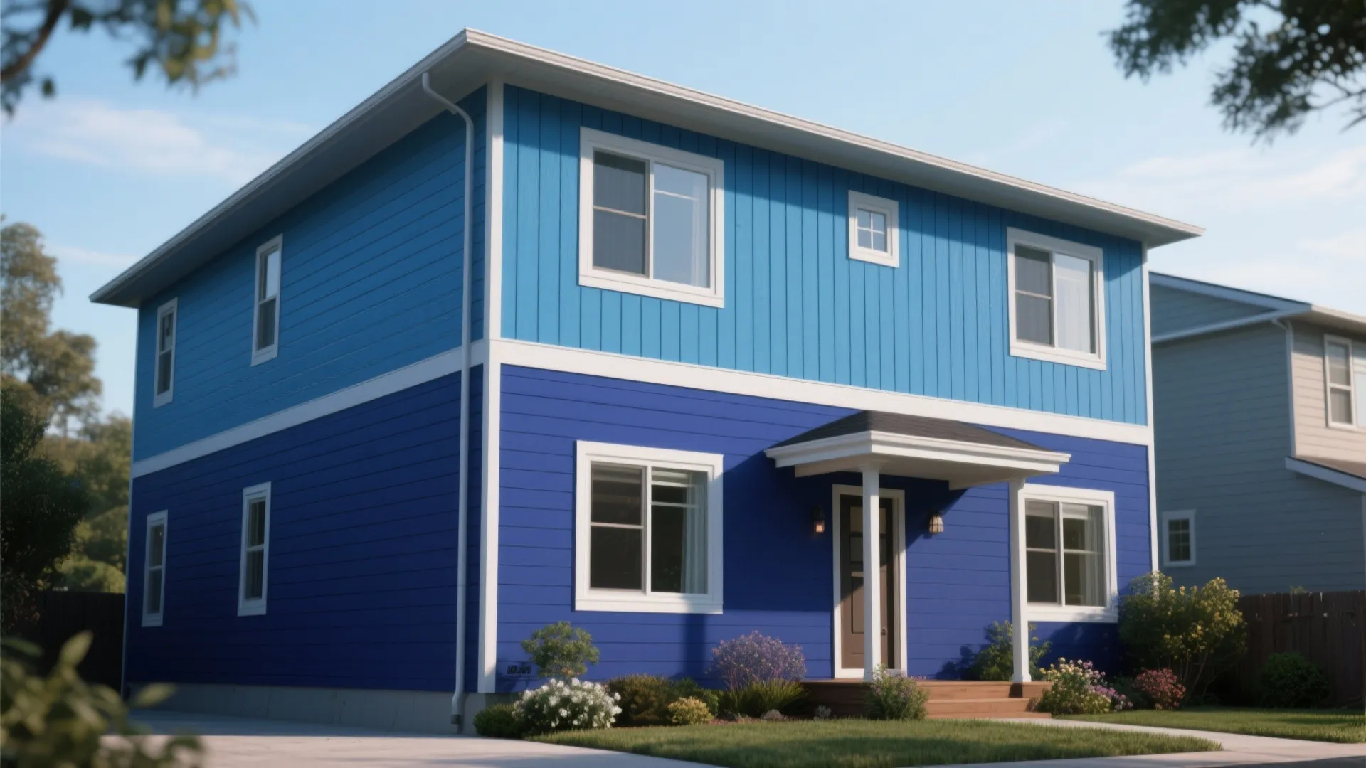 Two story house featuring light blue and dark blue wall panel exterior with white windows