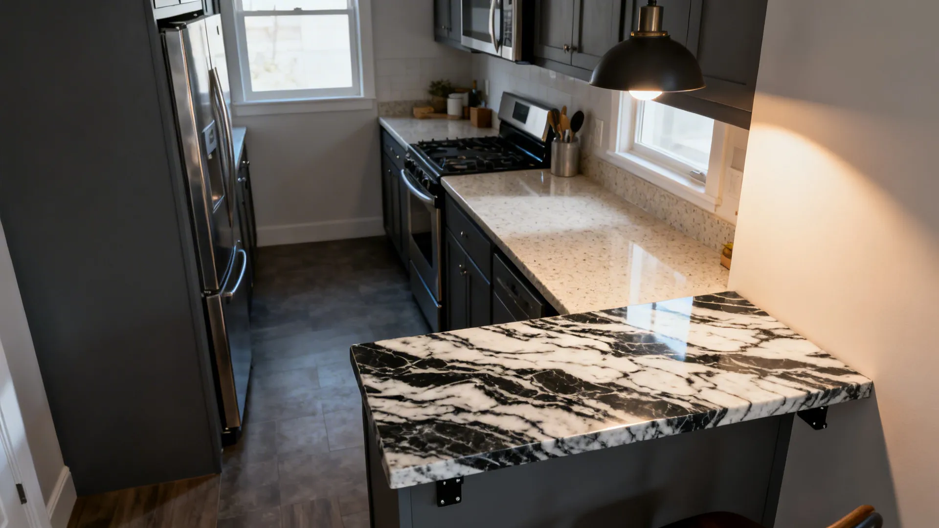 Idea 4: Two-Tone Granite—Neutral Prep, Bold Island or Bar