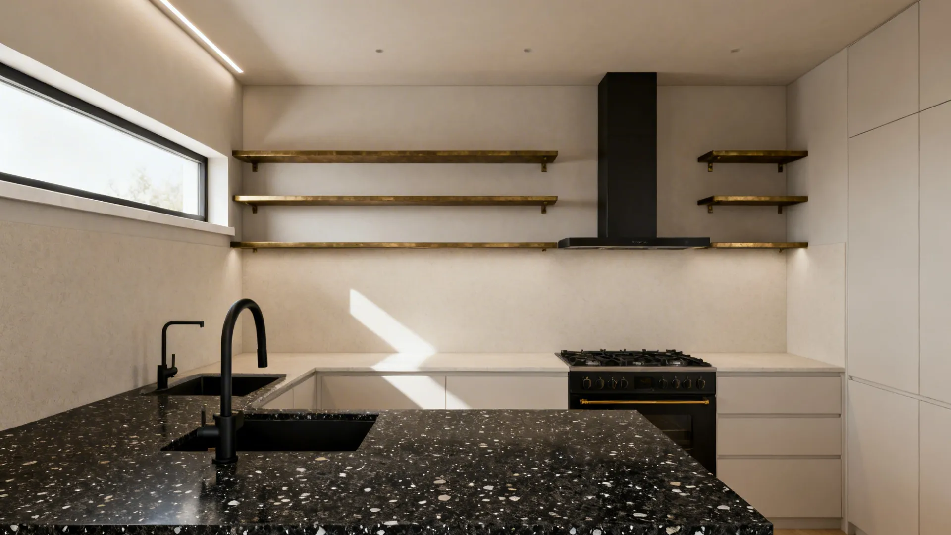 Hyderabad kitchen with dark Star Galaxy granite counter and light backsplash for clear visual zoning.