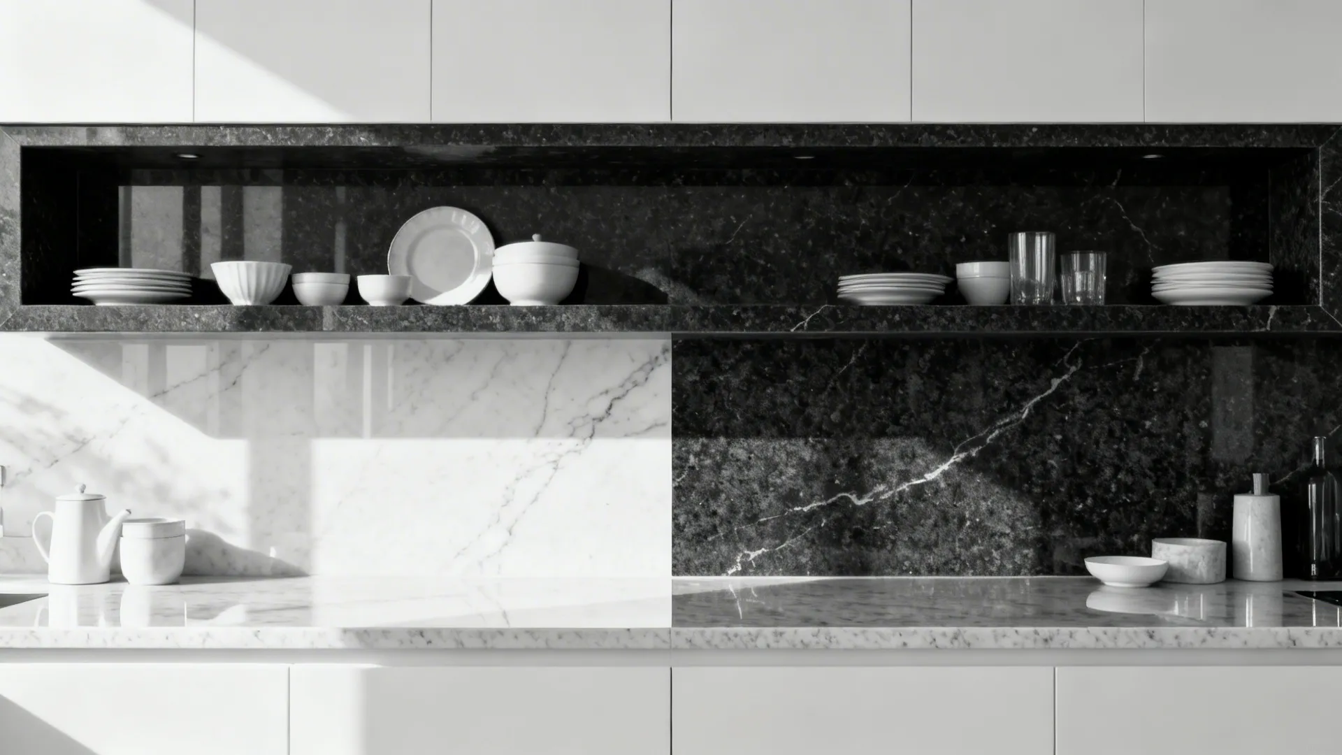 Before-and-after of a small kitchen upgraded with a dark granite shelf and a light granite counter for balanced contrast.