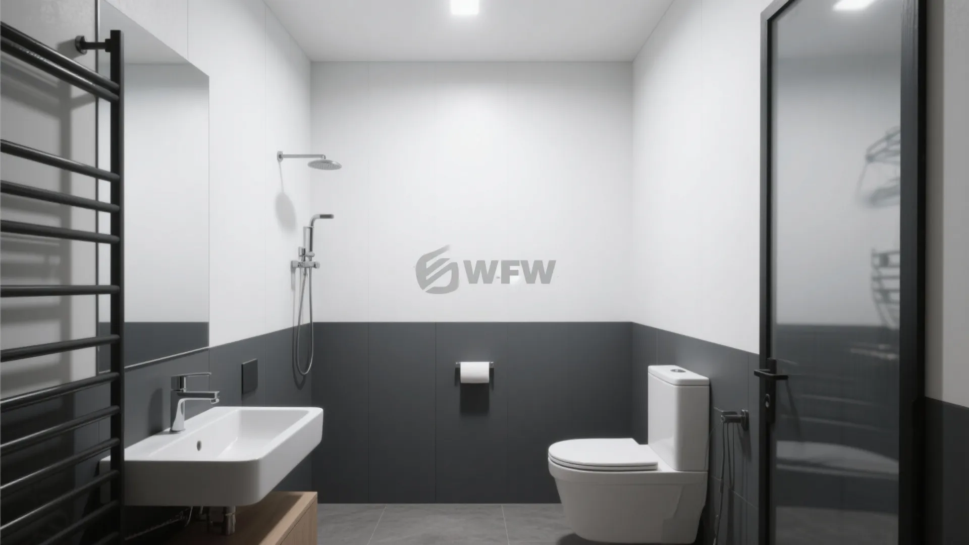Minimalist bathroom with white and grey wall panel plus white sink and toilet and black towel