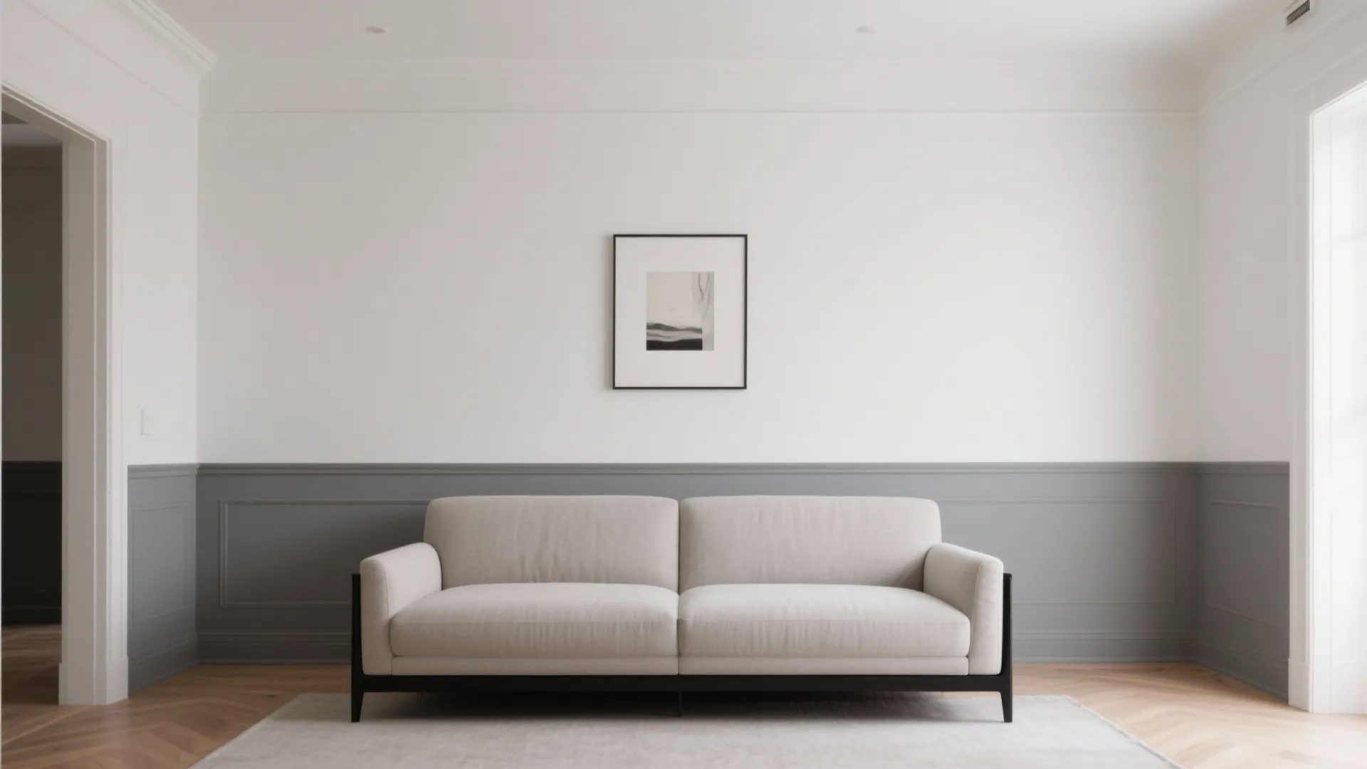 Modern living room with a light gray sofa white walls and gray wall panel decoration