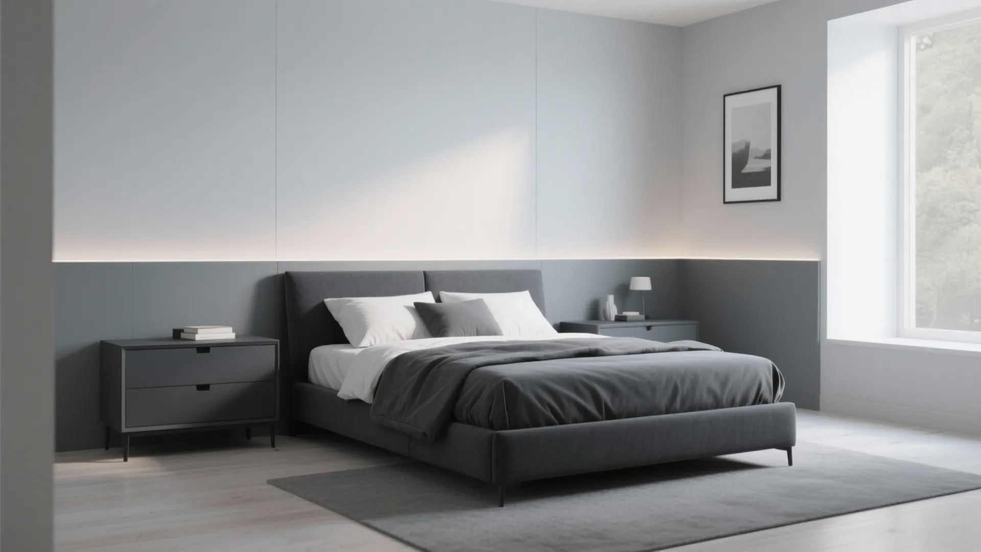 Bedroom with dark charcoal furniture and a dove-gray accent wall separated by a picture rail