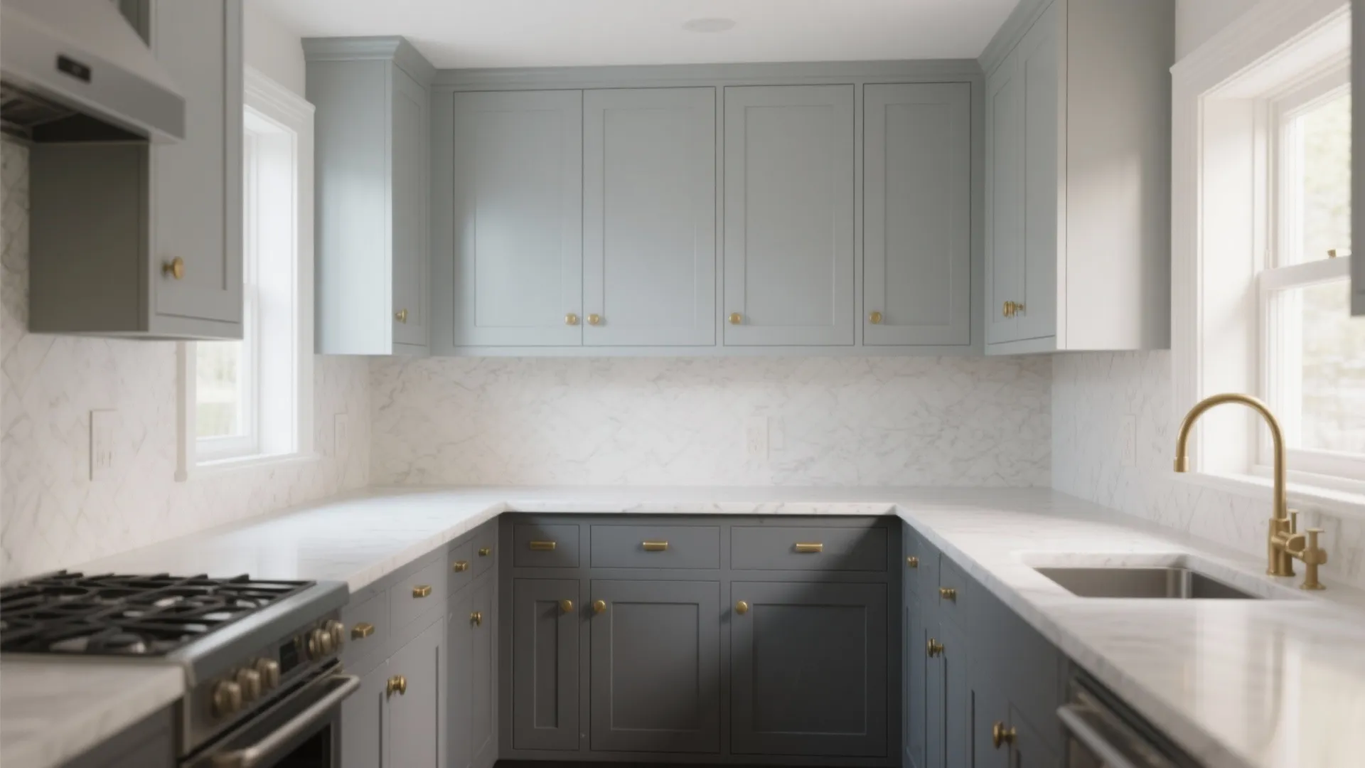 Small kitchen with two-tone gray cabinets: light uppers and darker lowers with light countertop