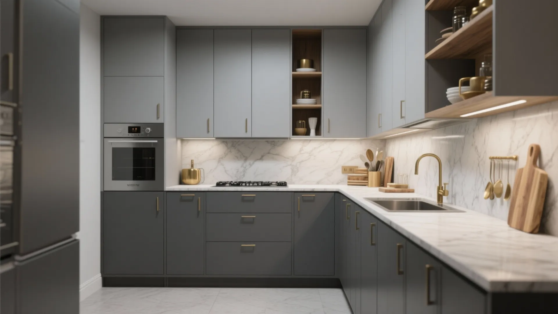 Small kitchen with darker lower gray cabinets and lighter upper gray cabinets creating layered zones.