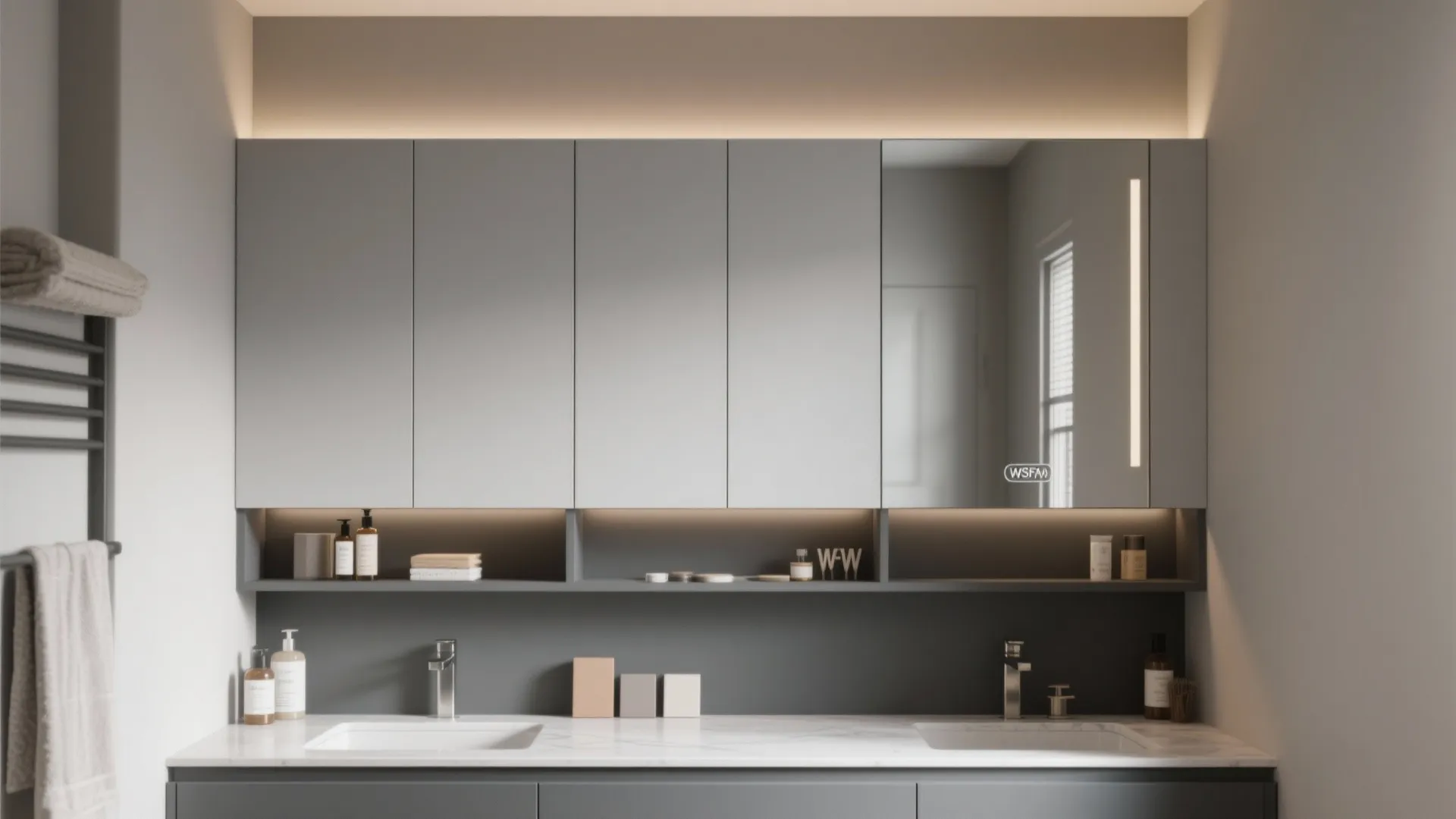 4. Two-Tone: Light Gray Upper Cabinets, Deep Gray Vanity