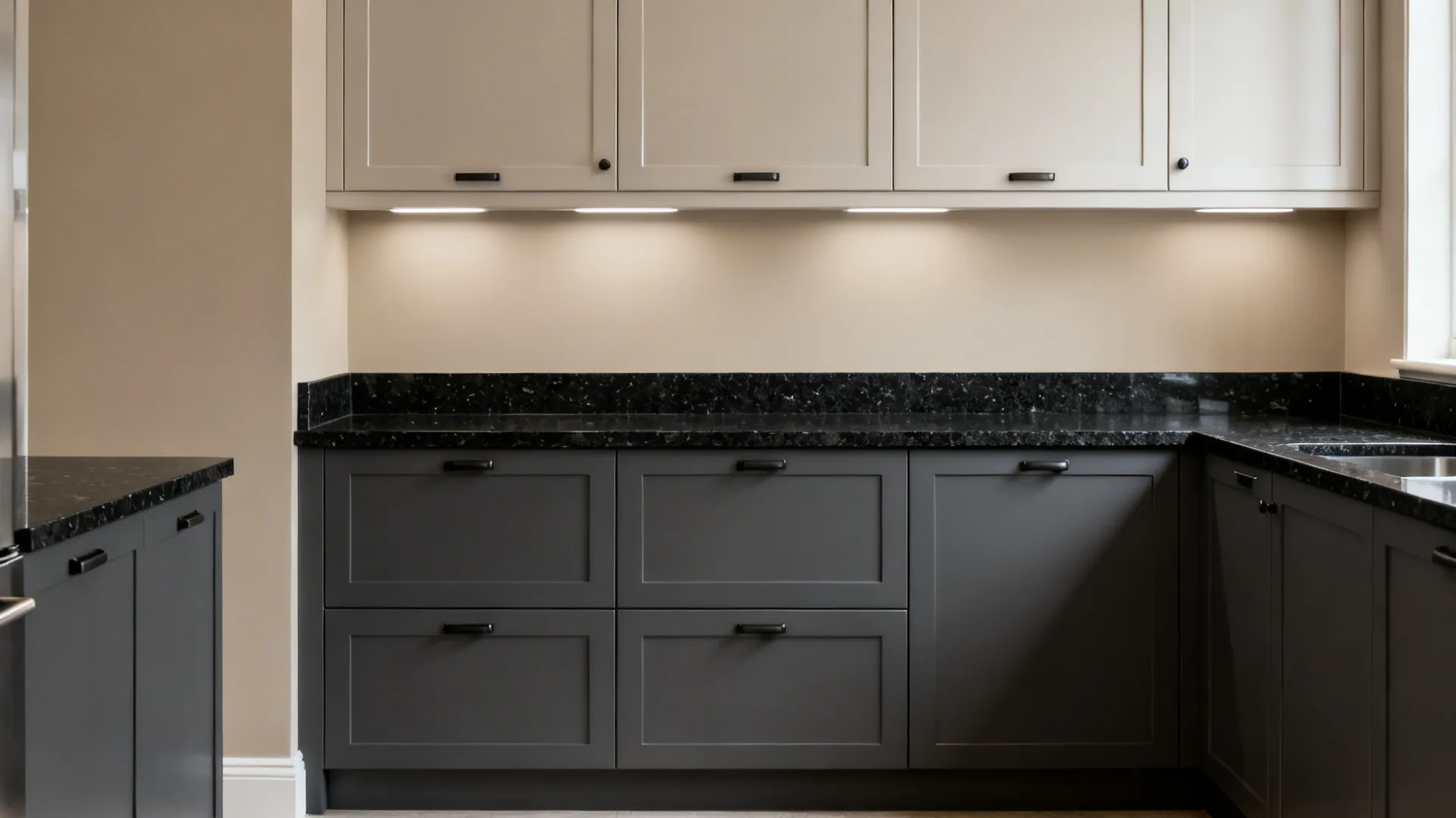 Deep gray base modules, pale uppers, and a black granite countertop in a compact kitchen.