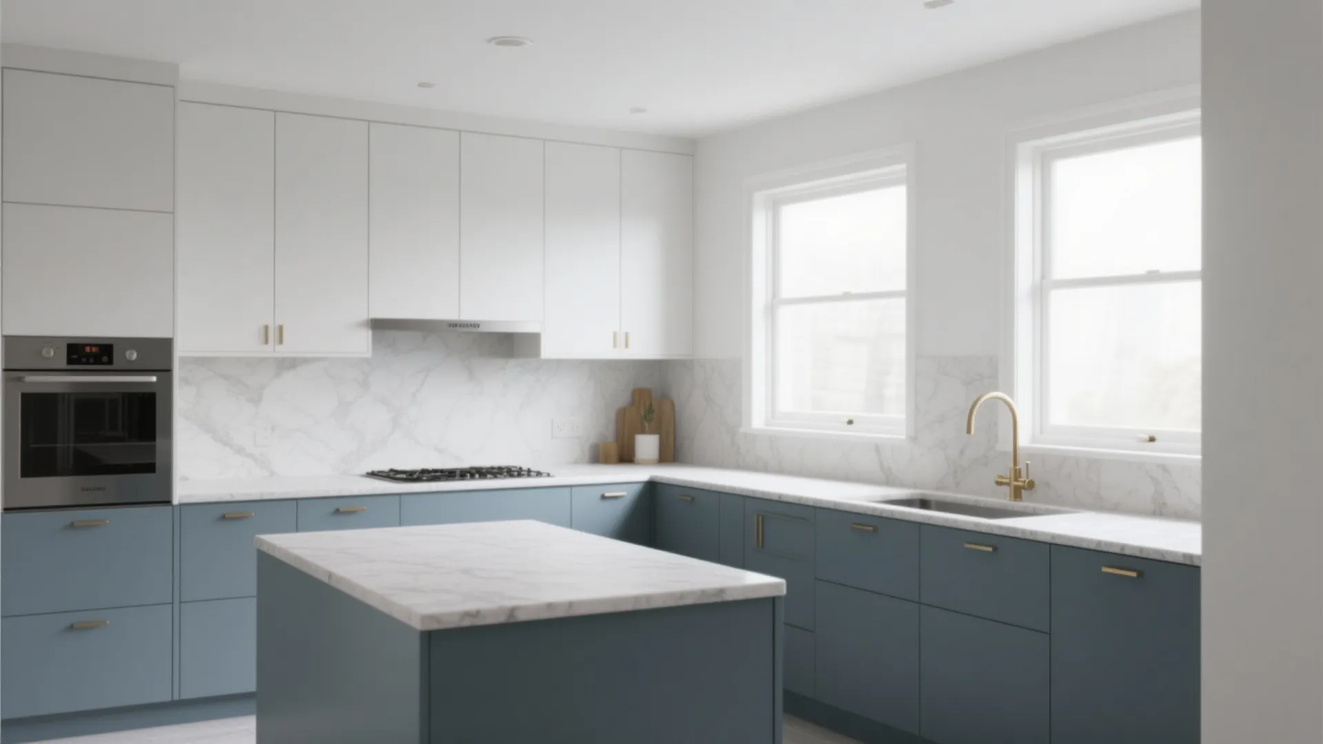 2. Two-Tone: Gray-Blue Lower Cabinets with White Uppers