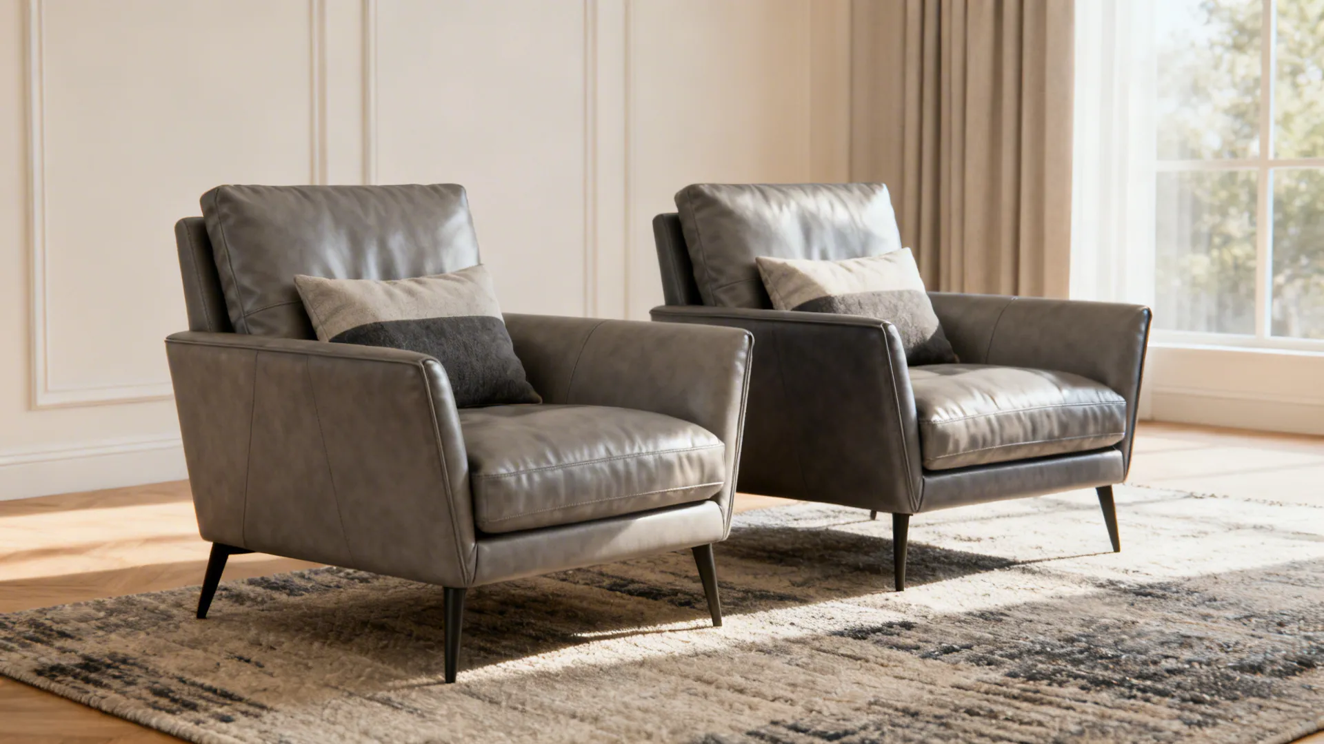 Two gray leather chairs in different gray tones styled together with cushions and a textured rug.