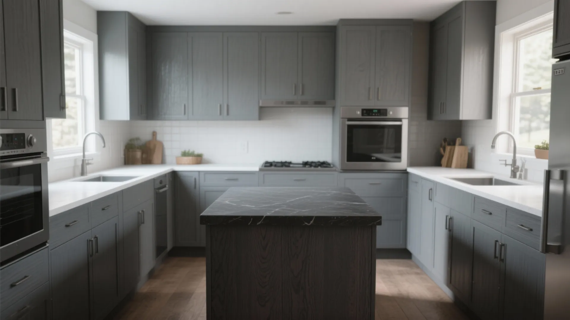 Modern kitchen with gray cabinets white counter tops a dark island and built in silver oven