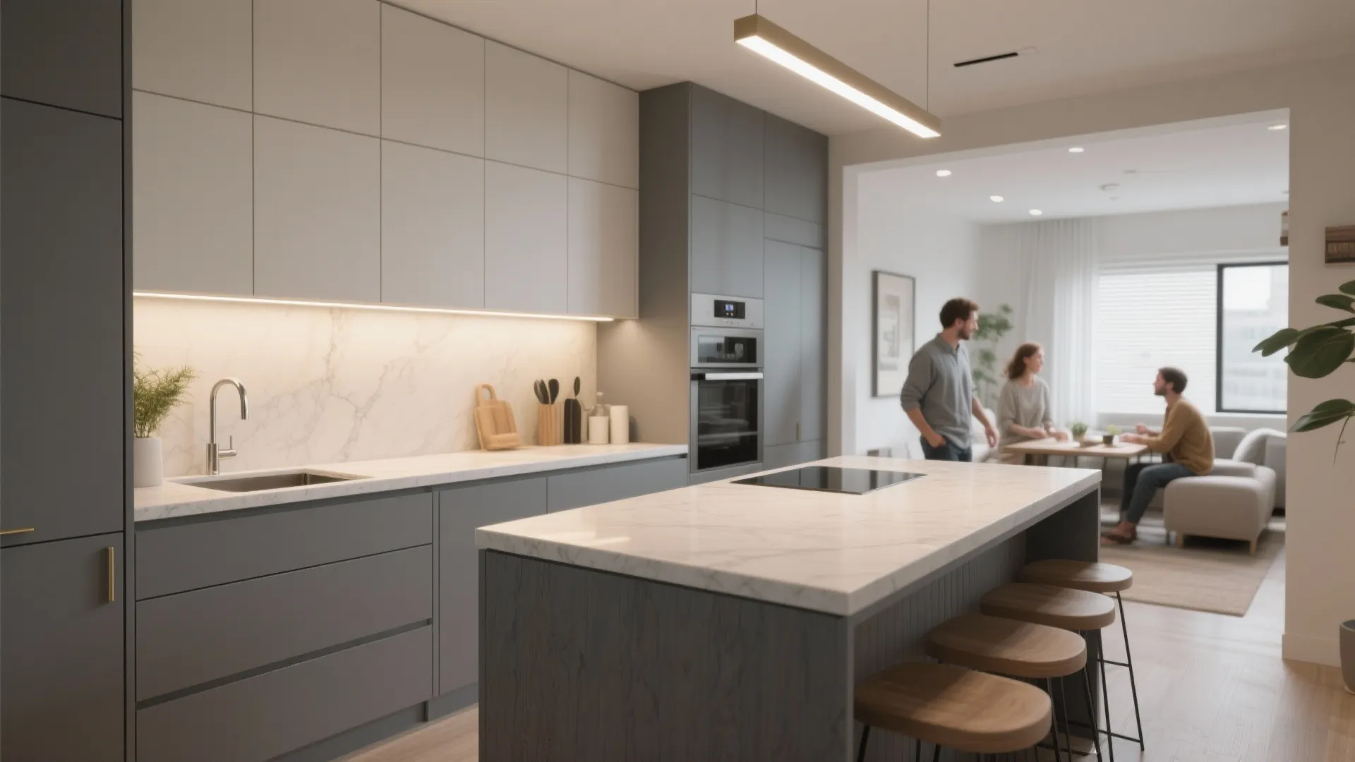 Modern kitchen with gray cabinets marble island wooden stools and people sitting in the living room