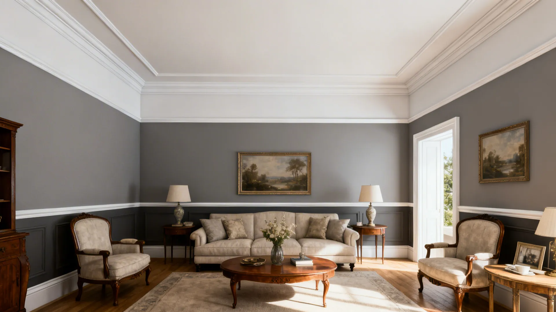 Living room with two-tone gray walls separated by crisp white trim to raise the ceiling