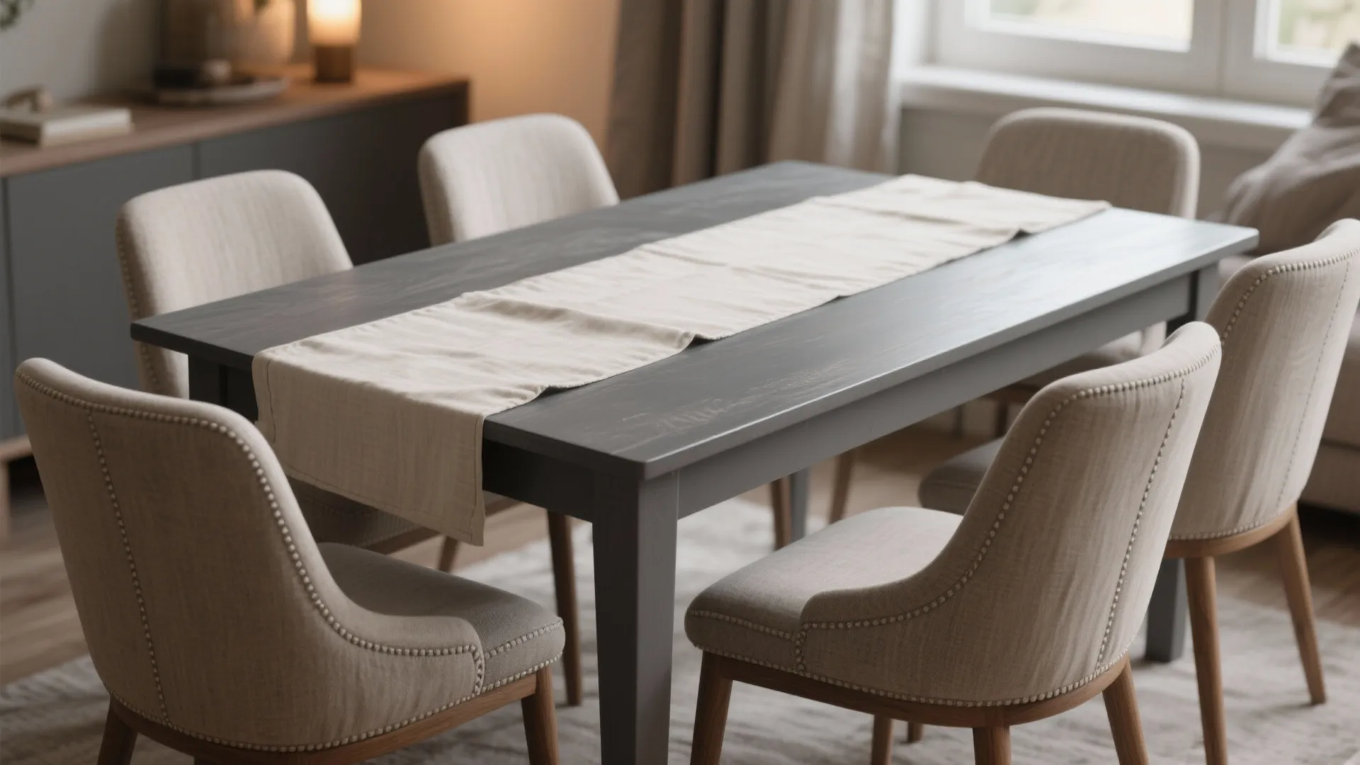 4. Two-tone gray table with upholstered chairs