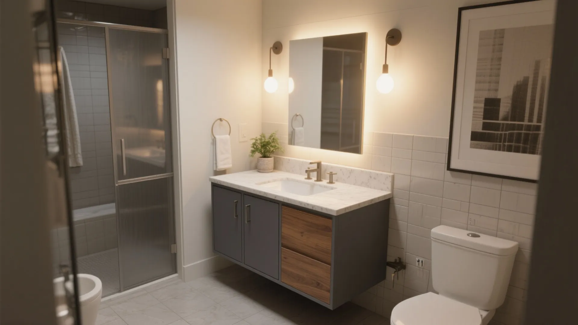Two-tone 30-inch gray vanity with walnut countertop in a small modern-transitional bathroom.