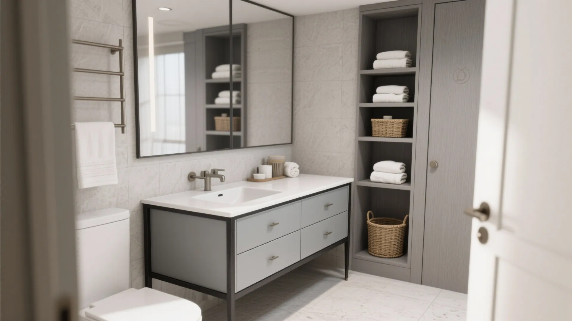 3. Two-tone gray vanity with integrated storage