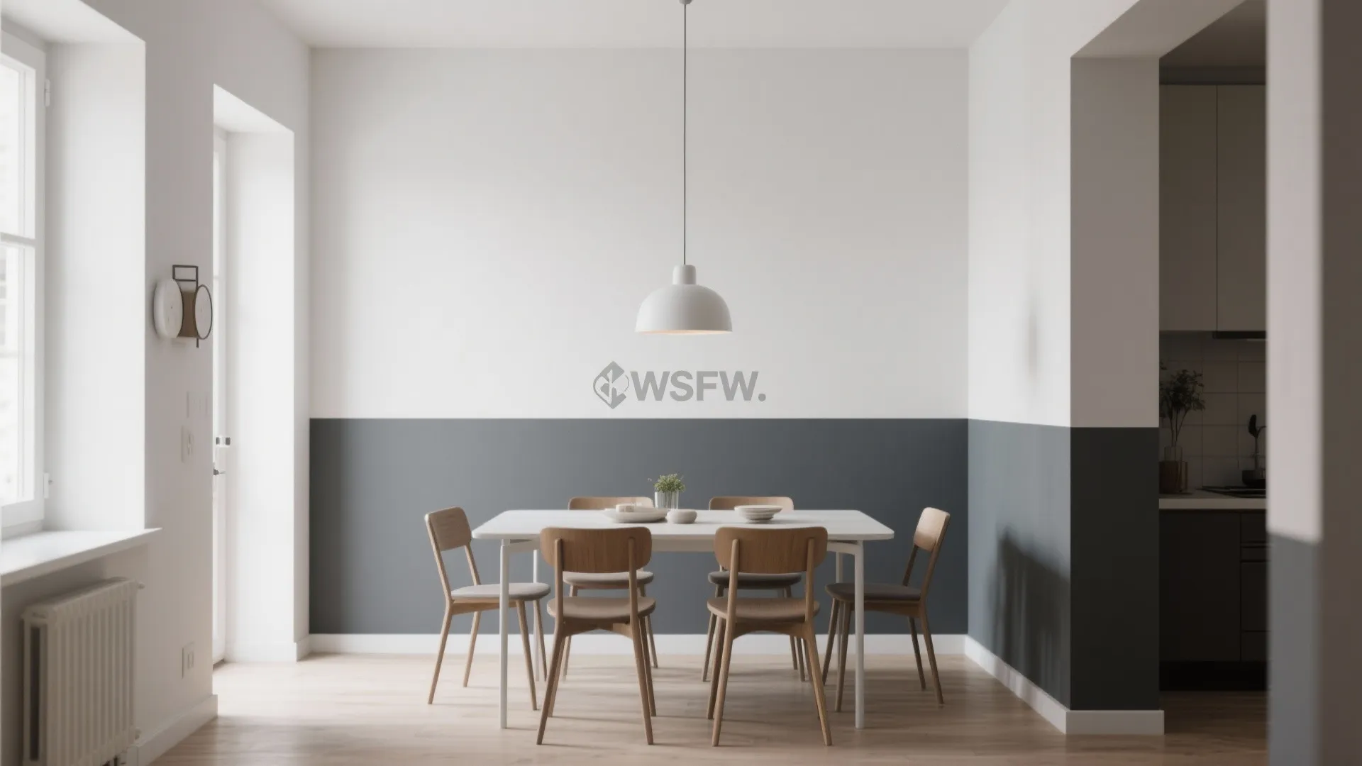 Minimalist dining room with two tone white and grey walls wooden chairs and ceiling light