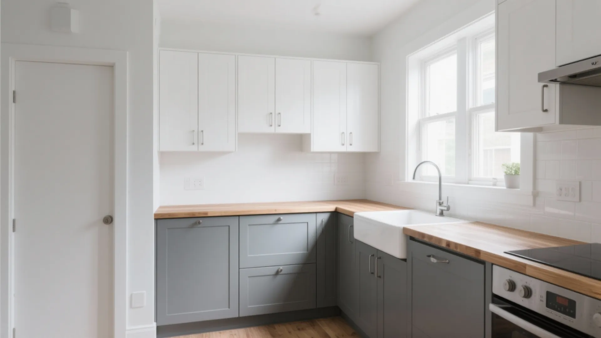 Modern kitchen featuring white upper cabinets gray lower cabinets wooden countertops and a large white sink
