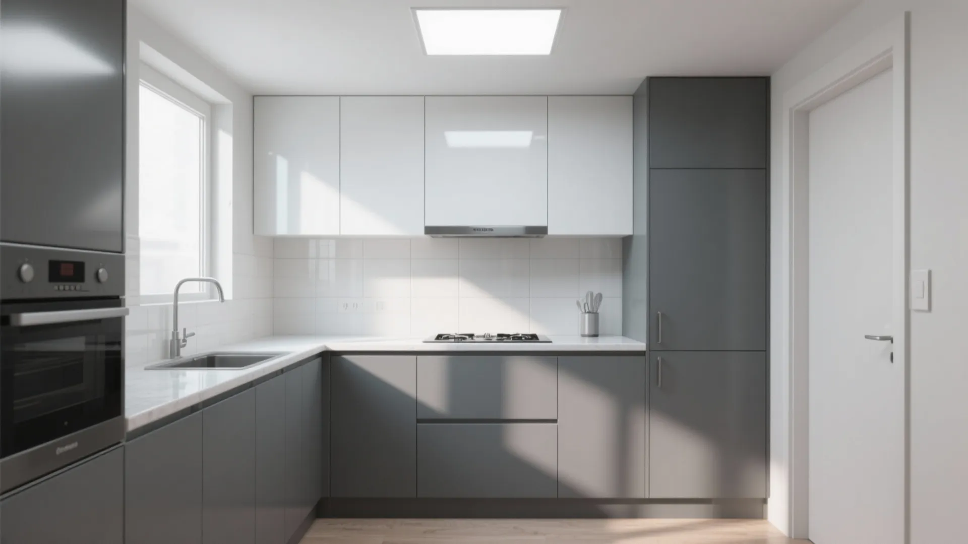 Two-tone small kitchen with gray lower cabinets and white upper cabinets brightened by daylight