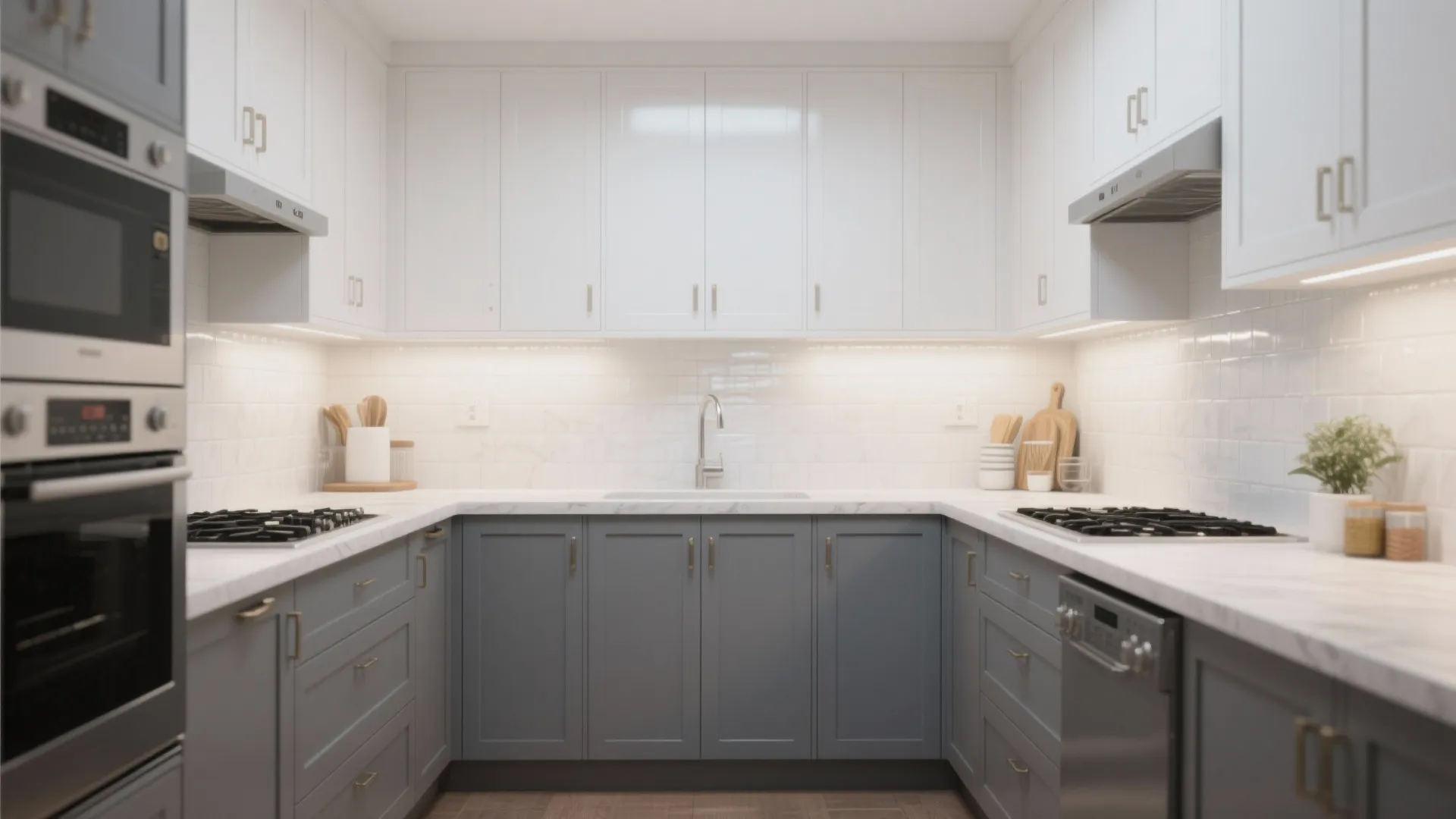 Compact two-tone kitchen with gray lower Shaker cabinets and white upper cabinets brightening the room