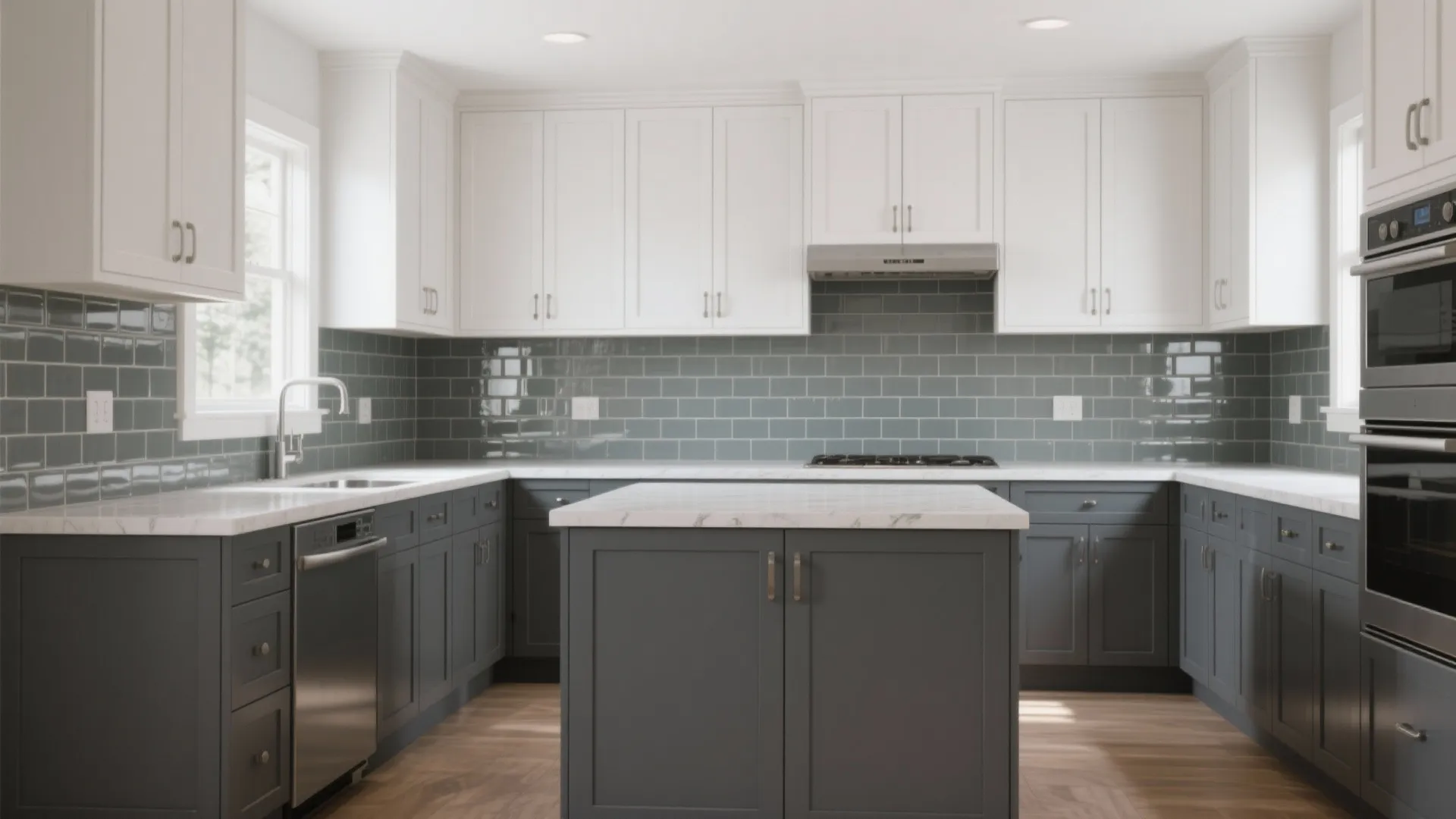 Kitchen with dark gray lower cabinets and white upper shaker cabinets creating visual depth