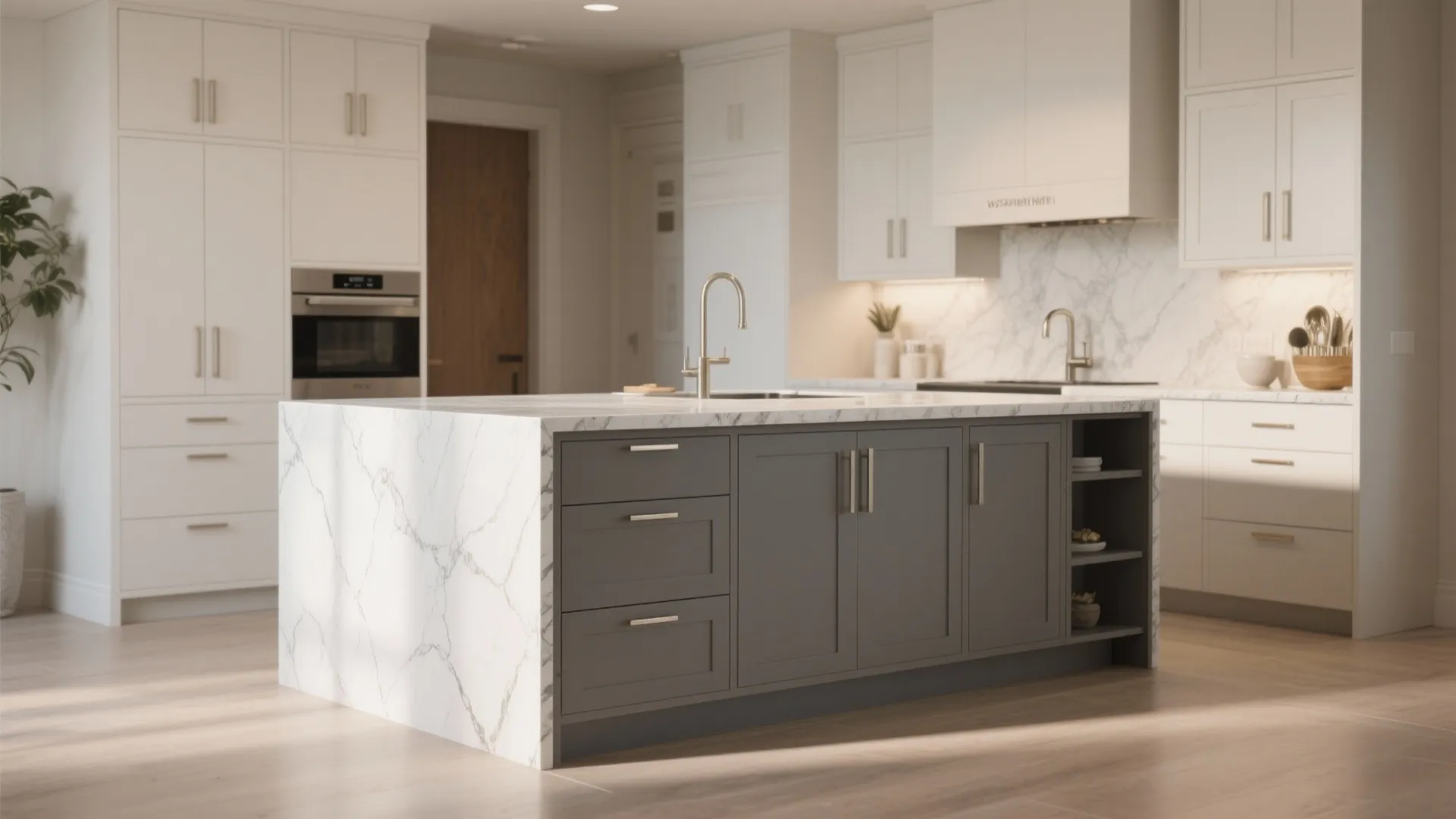 2. Two-Tone Island: Gray Base, White Cabinetry Accents