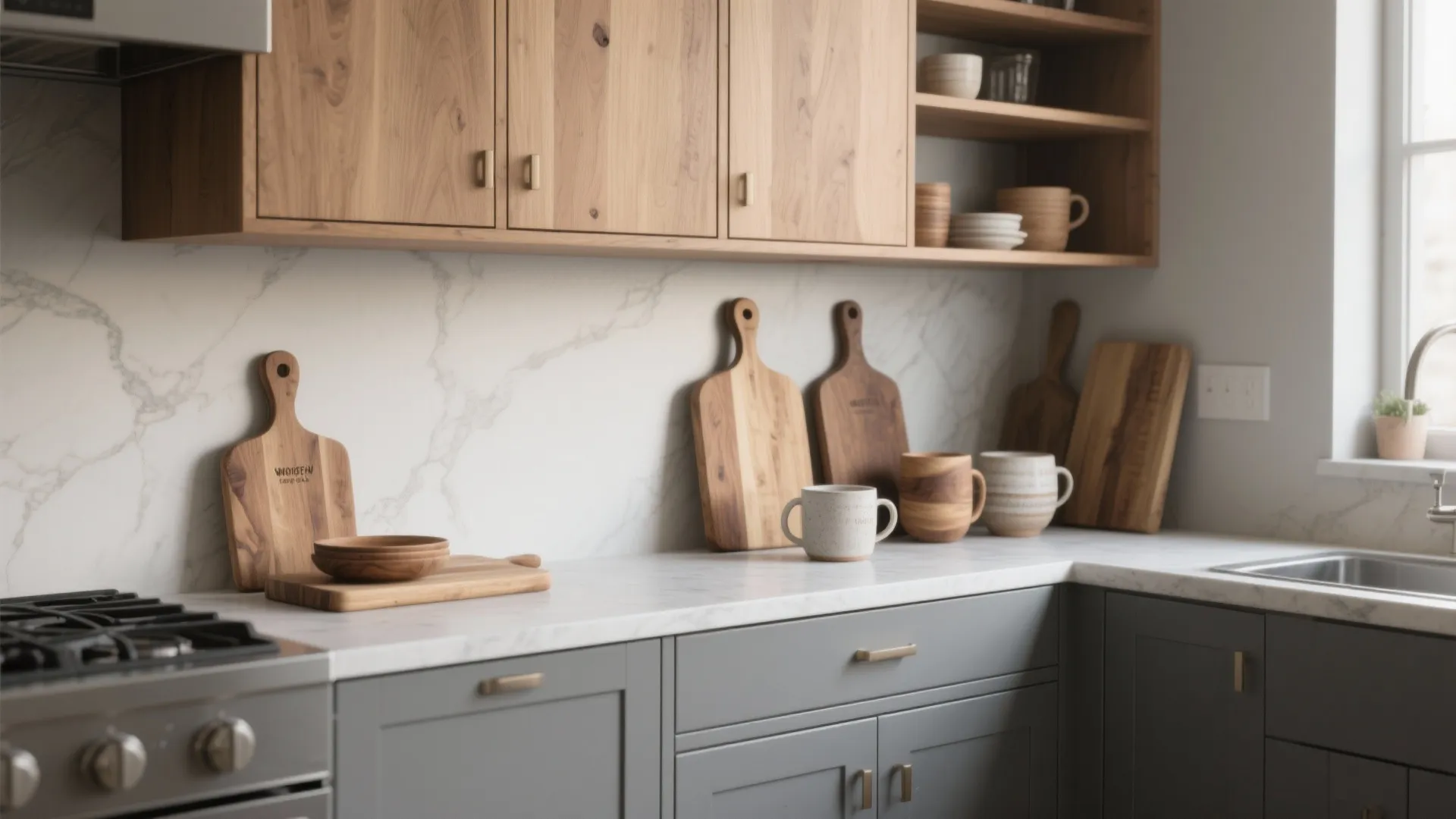 1. Two-Tone Gray with Warm Wood Accents