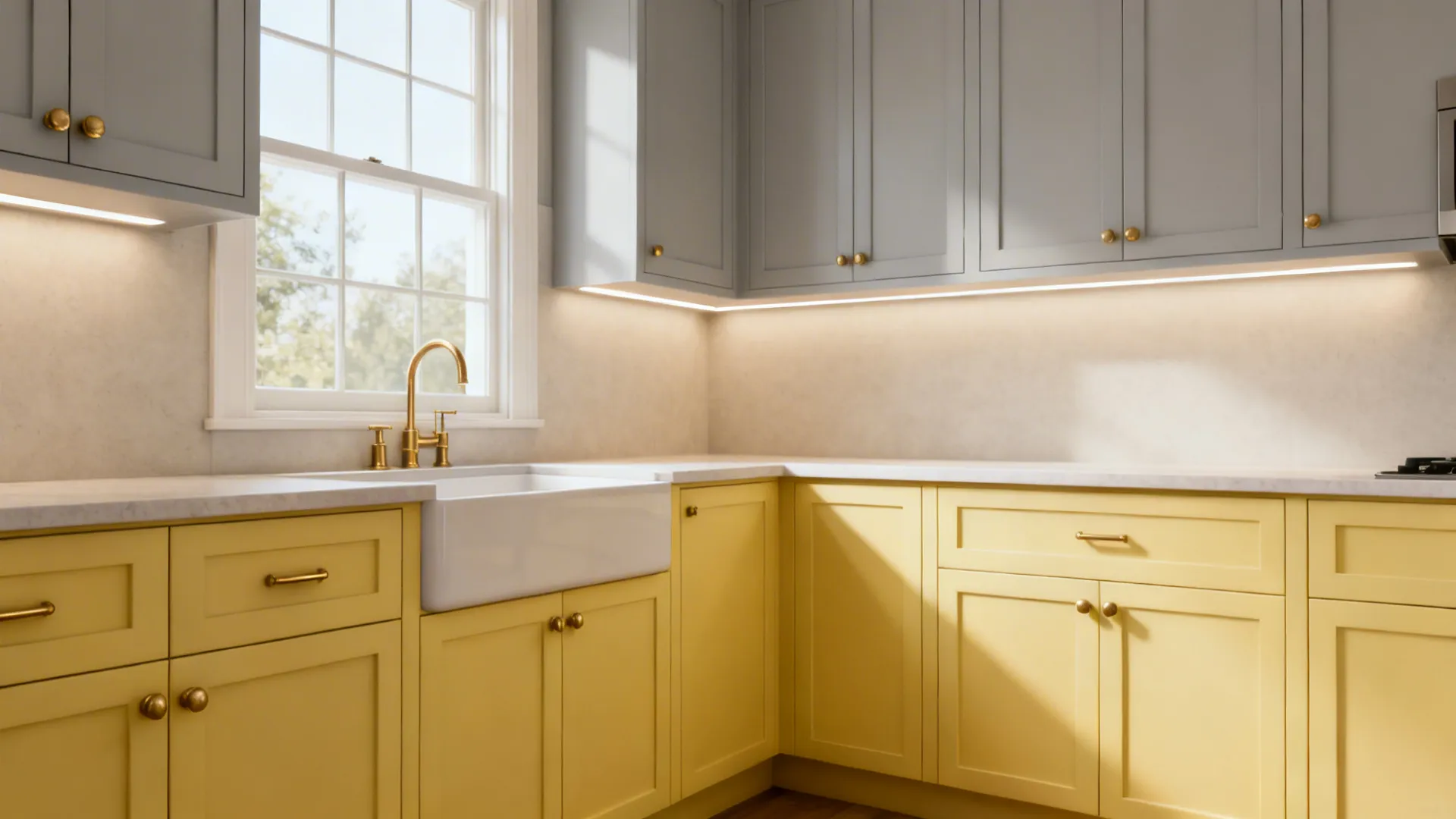 Galley kitchen with light gray uppers and muted yellow base cabinets under soft daylight.