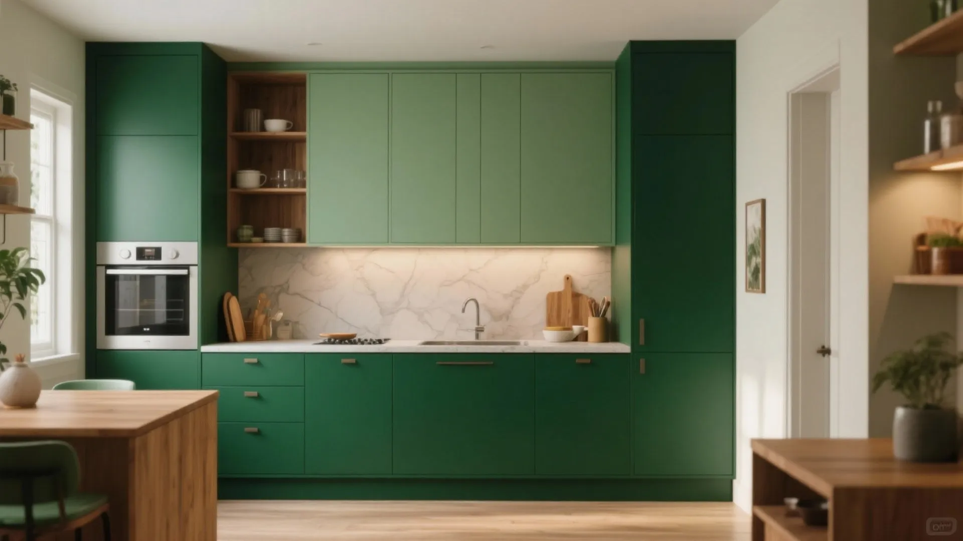 Modern kitchen with two tone green cabinets marble backsplash built in oven and light wood floor