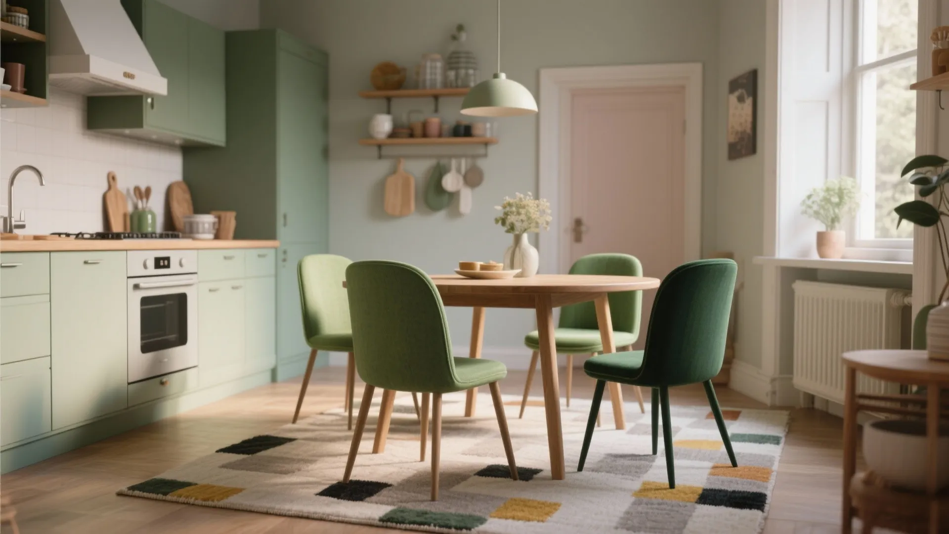 Modern sage green kitchen and dining area featuring wooden table with four green fabric chairs