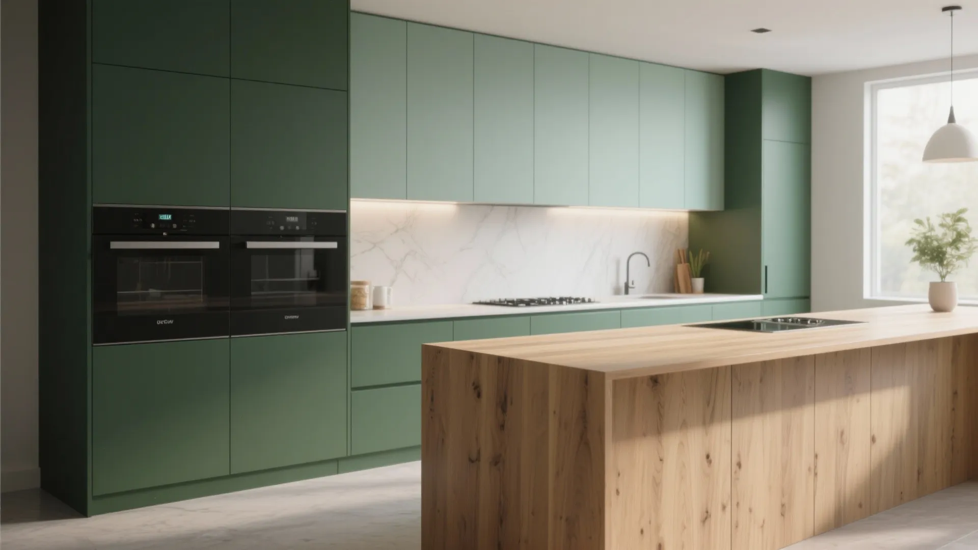 Two-tone green cabinets with a continuous wood countertop that visually lengthens the kitchen.