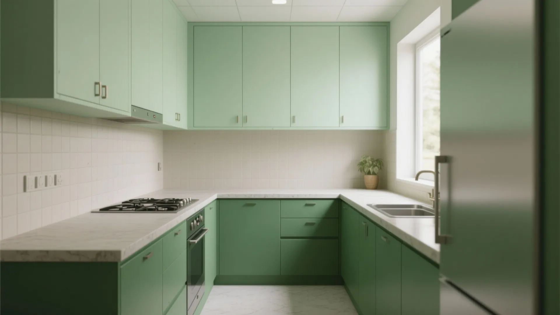 Modern kitchen with two tone green cabinets white tile backsplash marble countertop and large side window