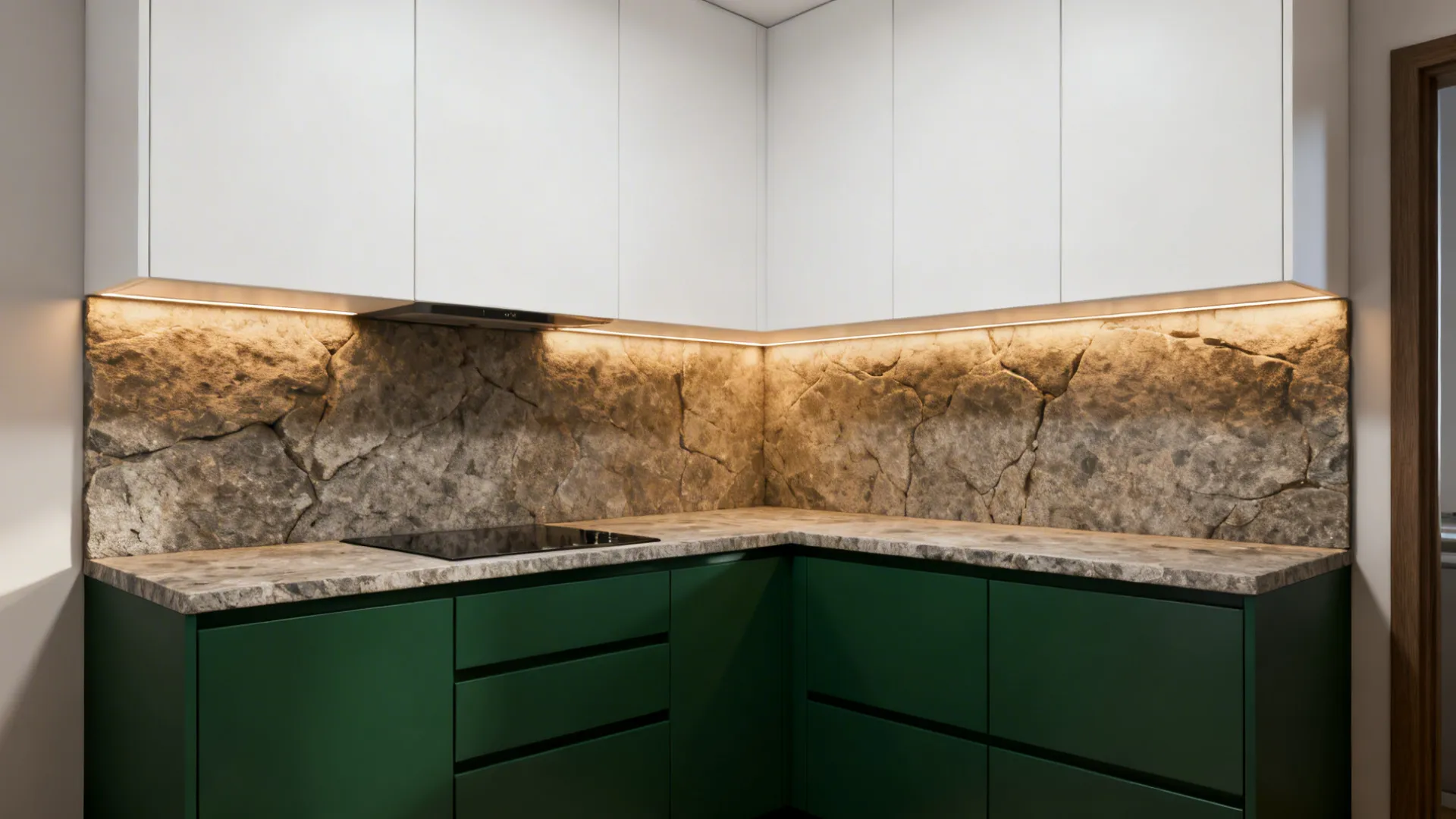 Small kitchen with white upper cabinets and deep green lower cabinets with stone countertop