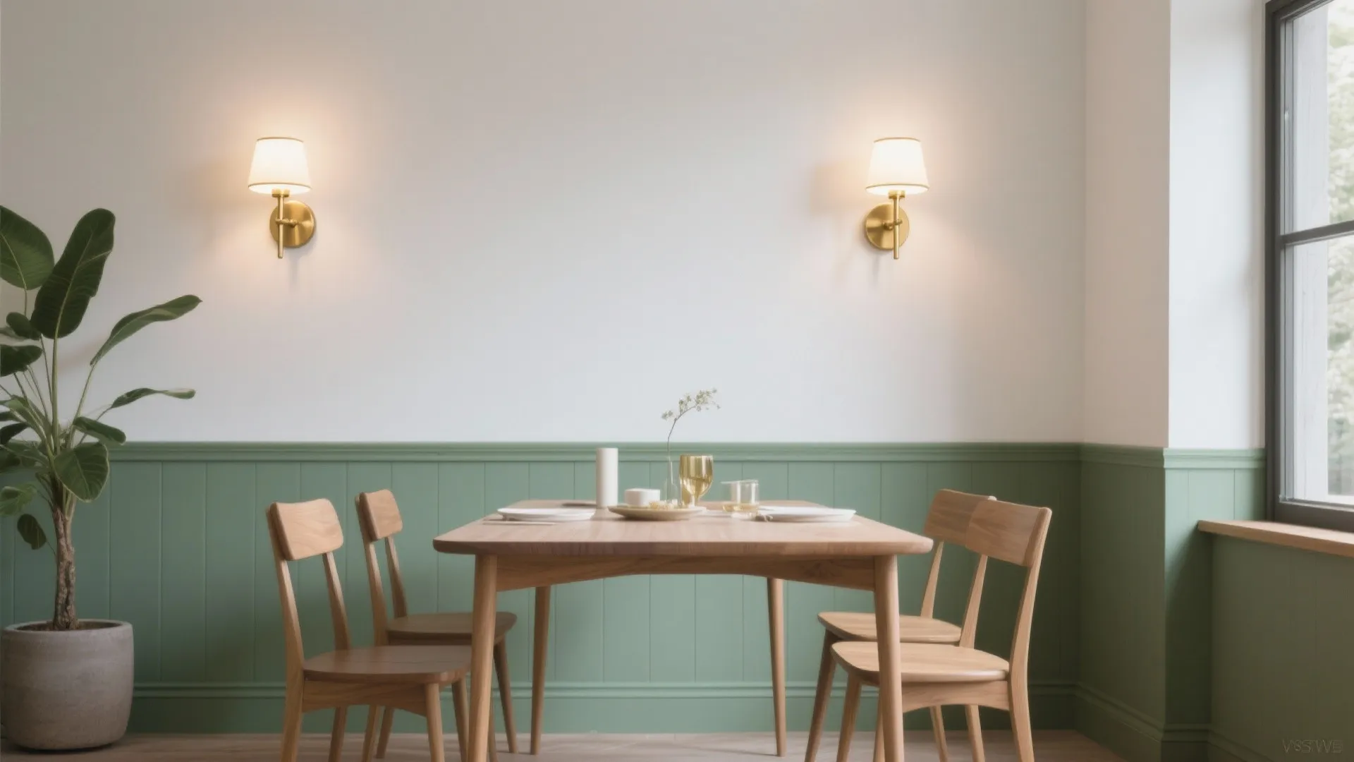 Wooden dining table and chairs against white and green wall panels near two gold wall lights