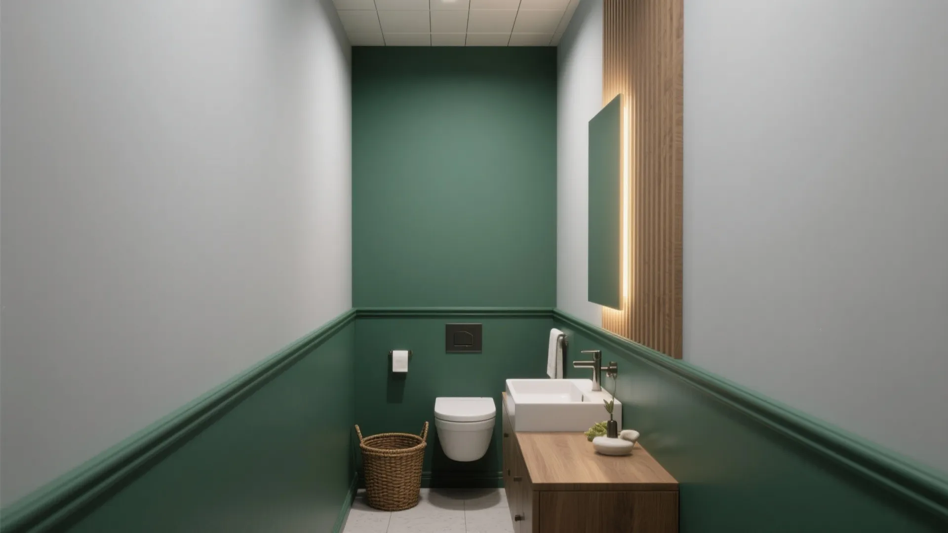 Modern small bathroom with dark green walls white toilet wood cabinet sink and wicker basket