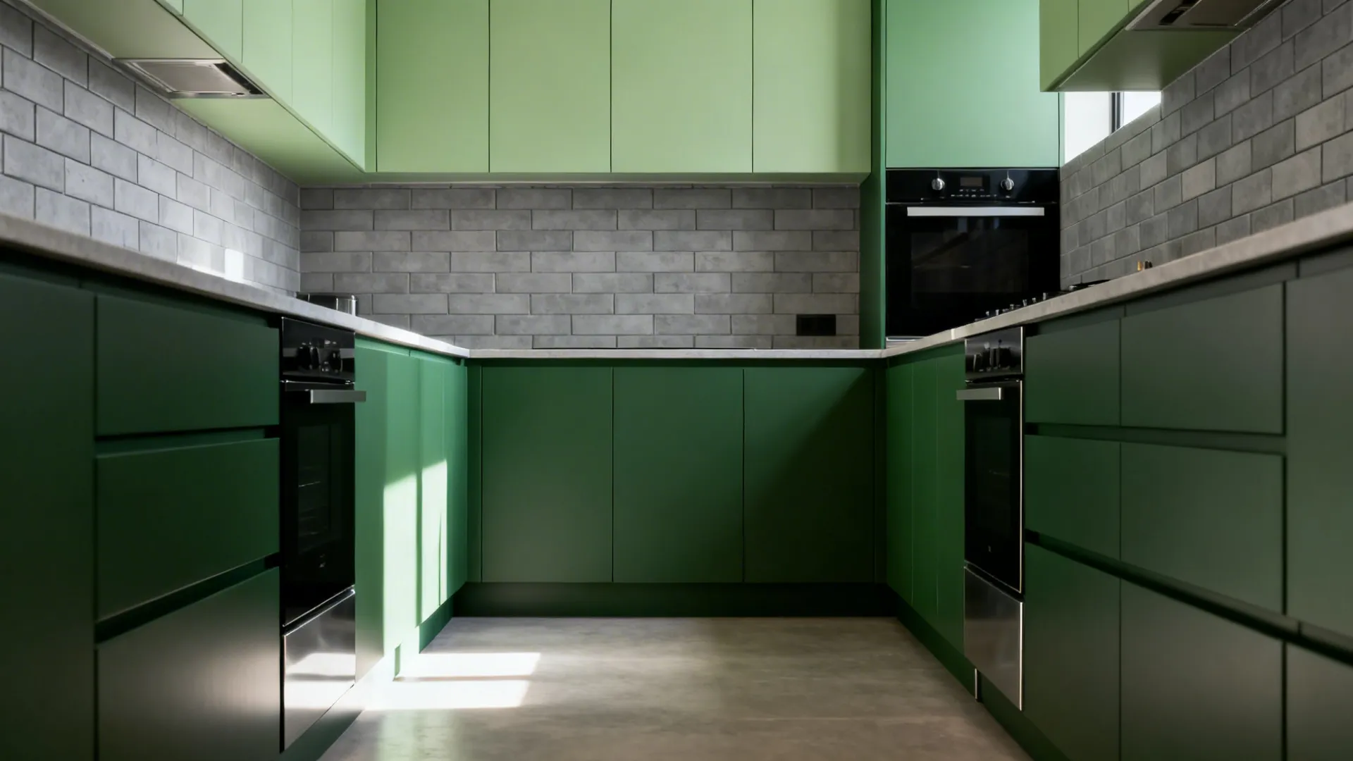 Modern kitchen with dark green lower cabinets light green upper cabinets and grey brick wall tiles