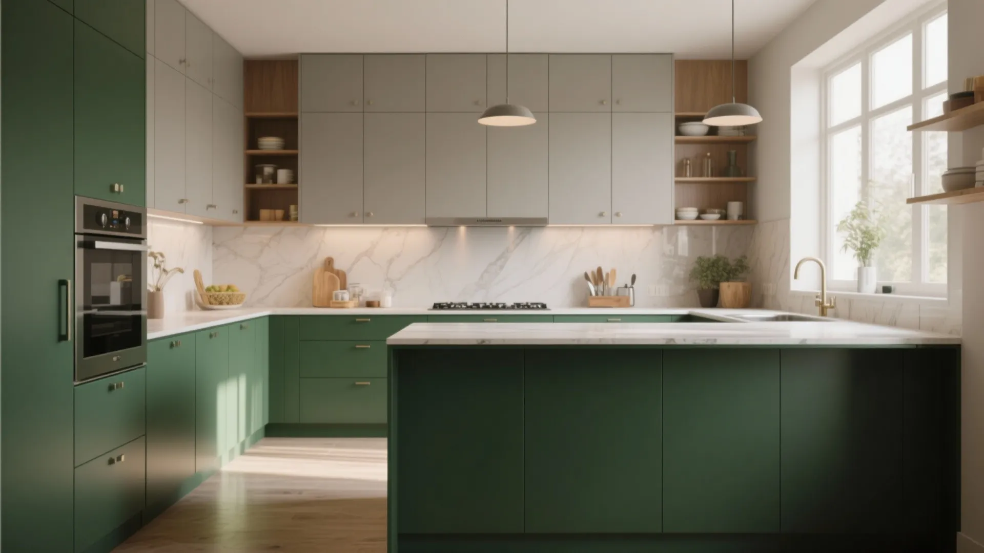2. Two-tone cabinets: deep green base, light grey uppers