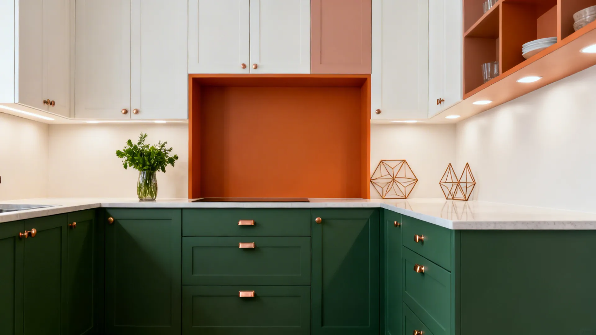 Small kitchen with deep green base cabinets and light uppers, subtly accented niche.