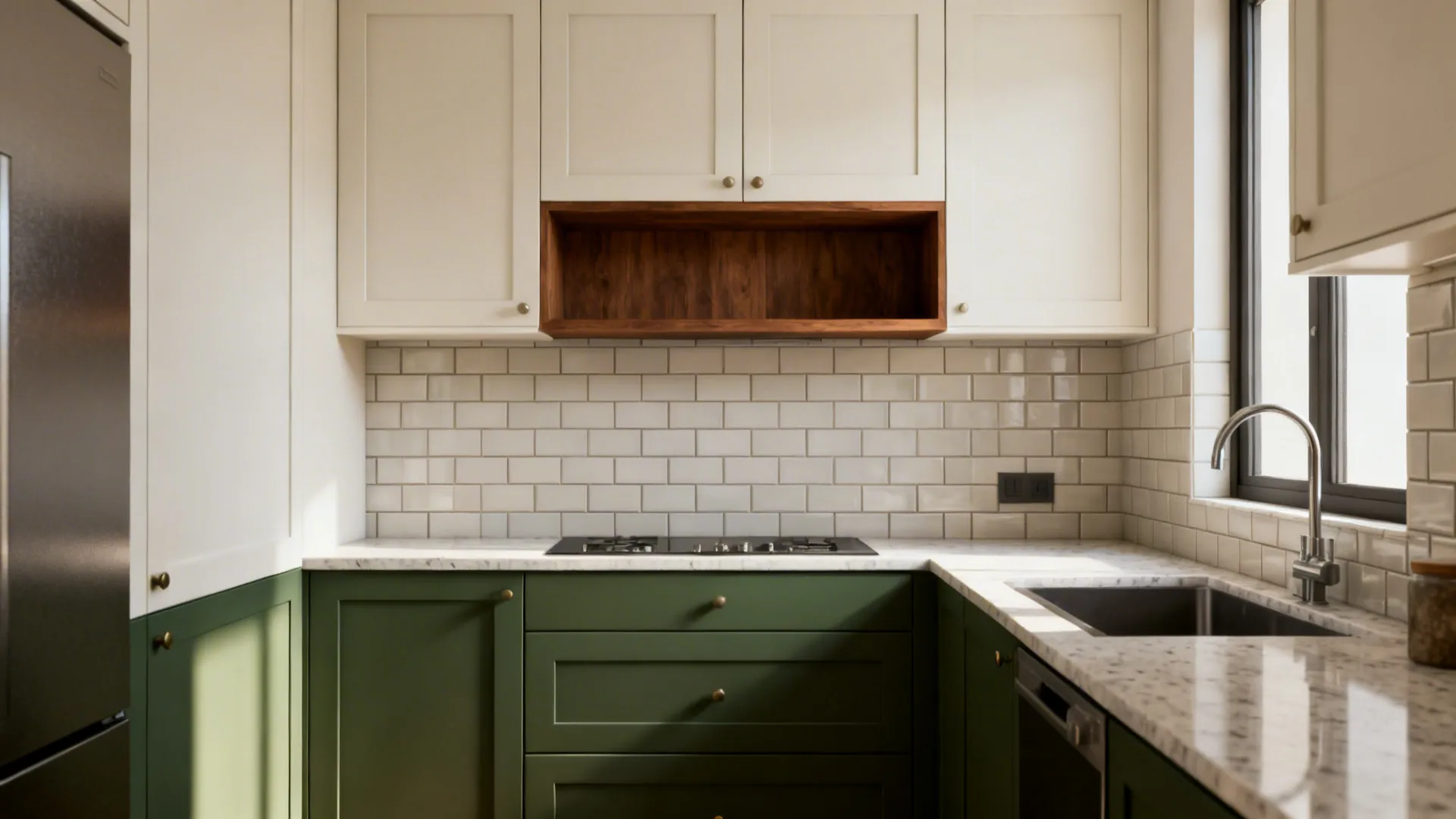 Small kitchen with off-white uppers and deep green lower cabinets