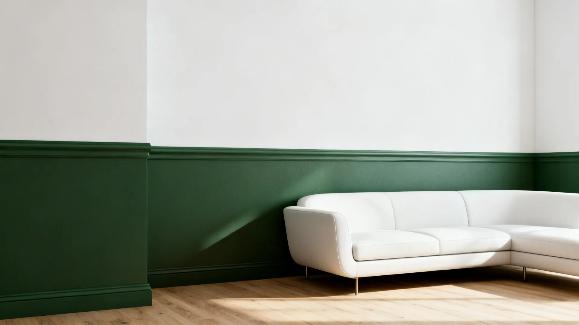 Open-plan living room with two-tone green lower wall and white upper wall defining zones.