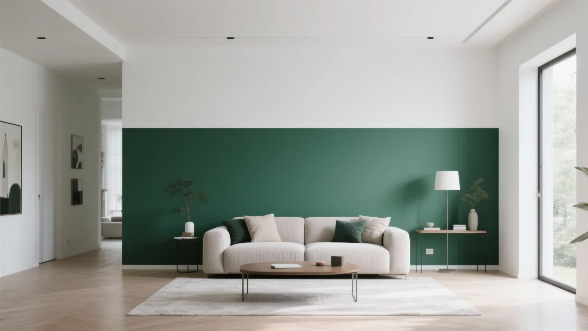 Modern living room with green and white wall white sofa wooden coffee table and white rug