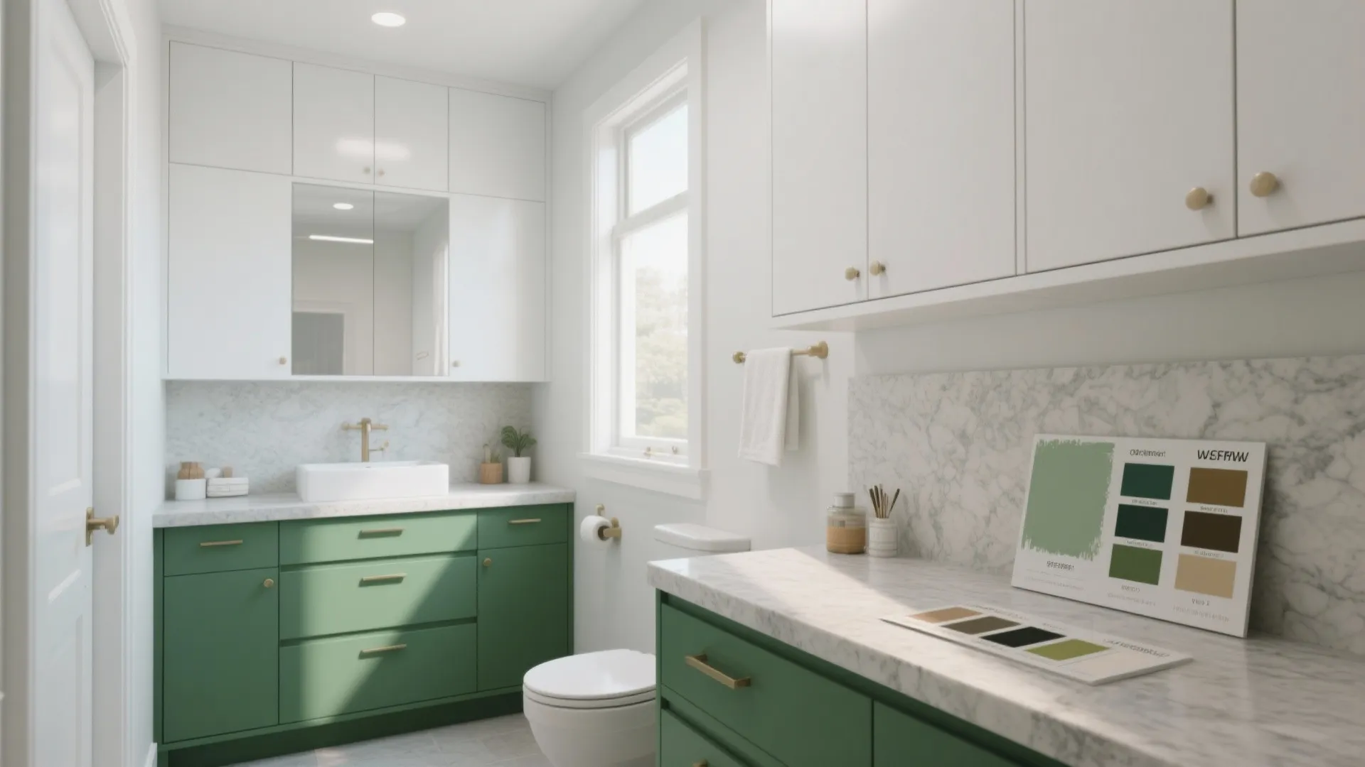 3. Two-Tone Cabinets: Green Base, White Upper Cabinets