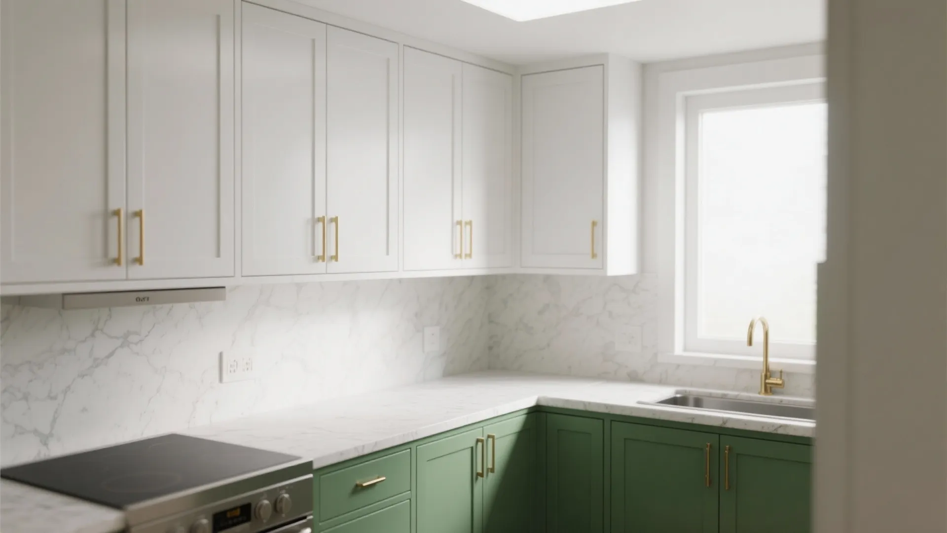 3. Two-Tone: Green Lower Cabinets, White Uppers