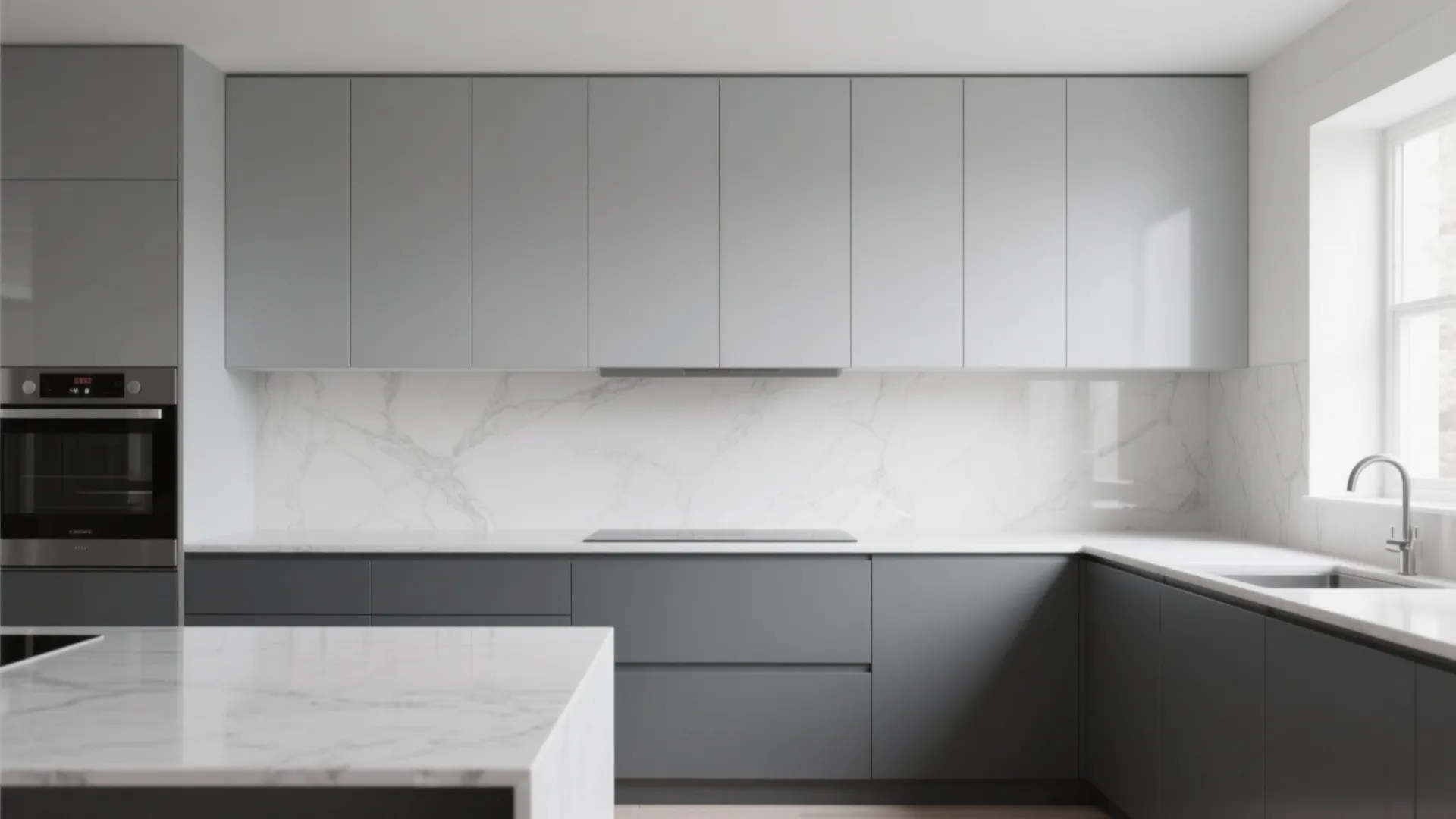 Minimalist kitchen with two tone grey cabinets white marble island and built in oven near window